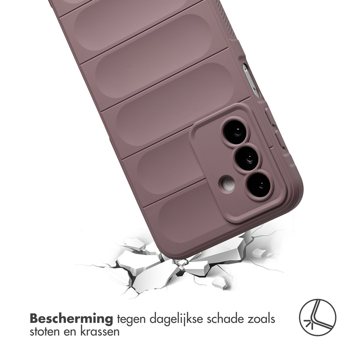 Een mauve telefoonhoesje, schuin naar beneden, landend op gebarsten grond. Het heeft drie cameralenzen en een beschermend ontwerp.