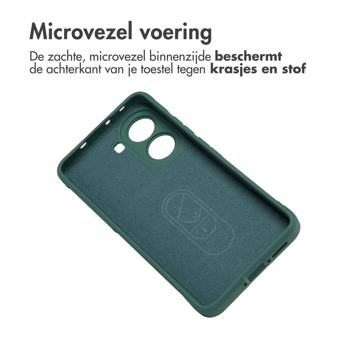 Een teal telefoonhoesje binnenkant. Het heeft een zachte microvezelvoering. Boven staat 'Microvezelvoering'.