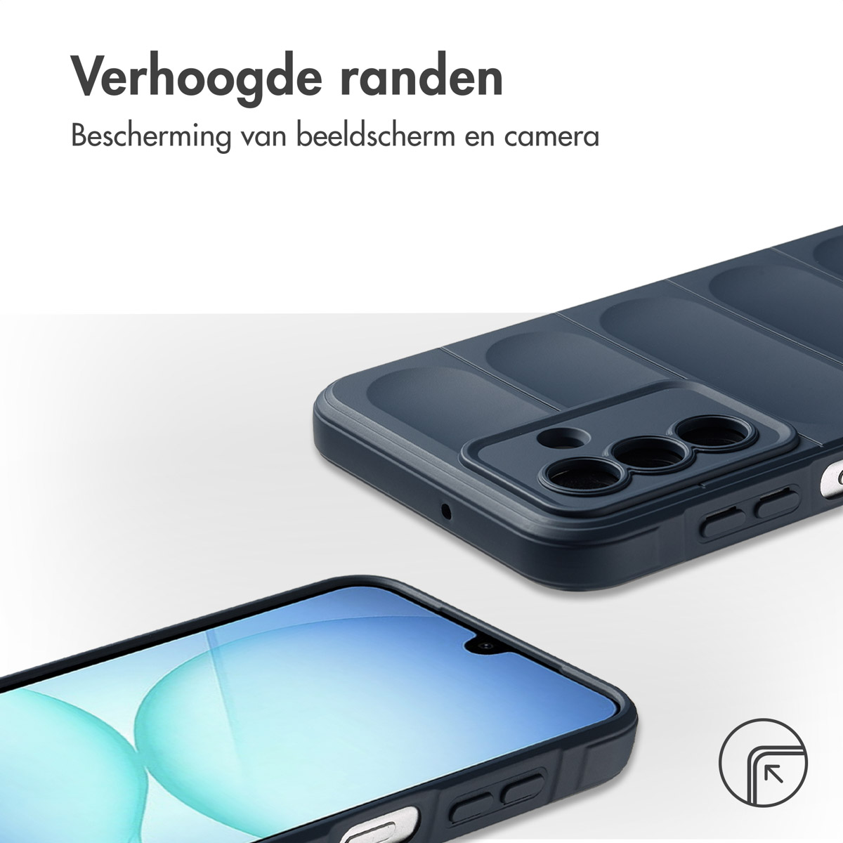 Twee donkerblauwe telefoonhoesjes. Eén is schuin naar de kijker, met de camera. De andere, onderaan, toont het scherm.