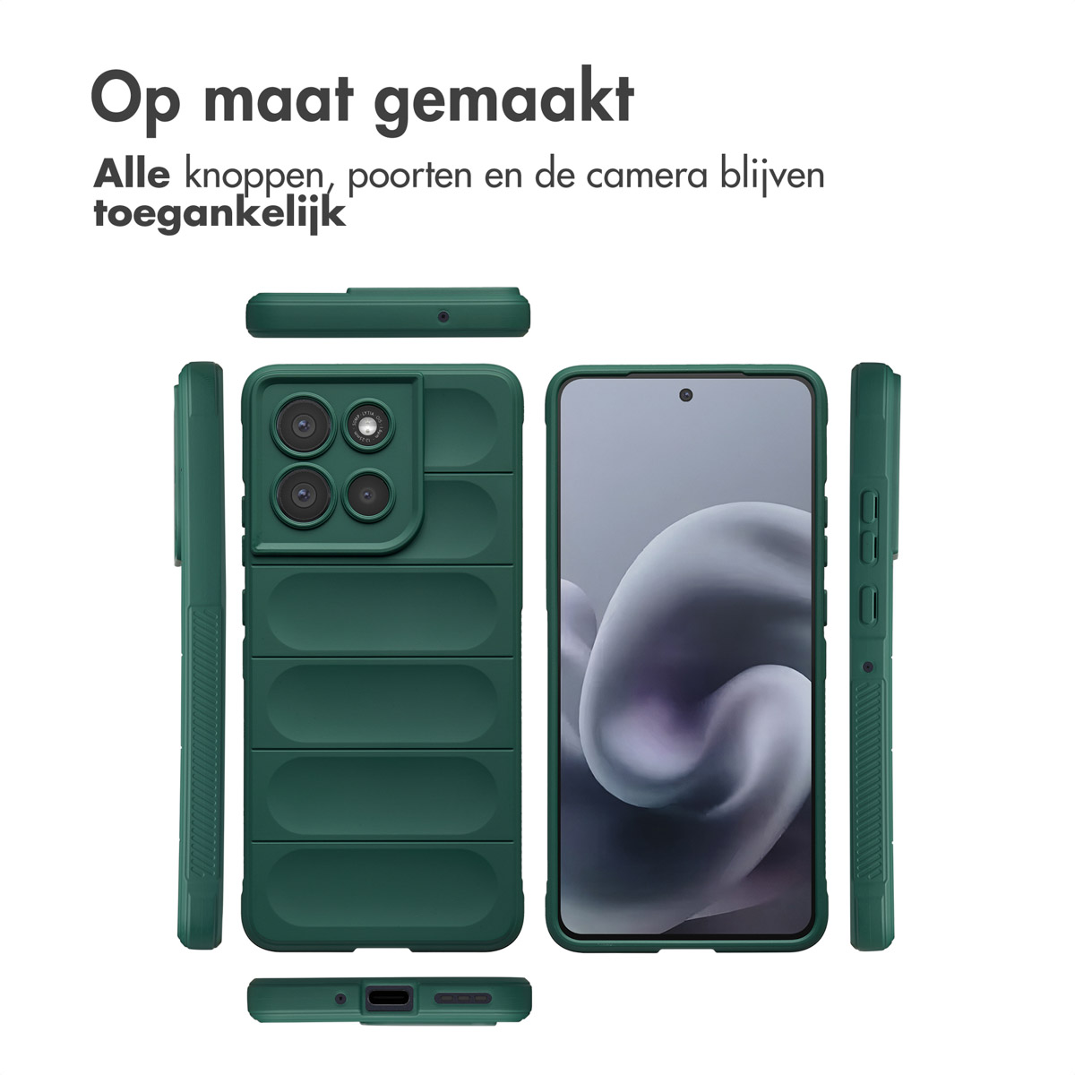 Custodia verde per telefono con sporgenza della fotocamera, pulsanti e porte. Lo schermo del telefono mostra uno sfondo astratto.