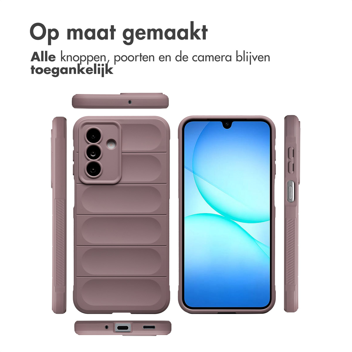 Een smartphone in een paarse hoes met zichtbare knoppen en poorten. Bovenstaande tekst luidt 'Op maat gemaakt'. Case-onderdelen worden apart weergegeven.