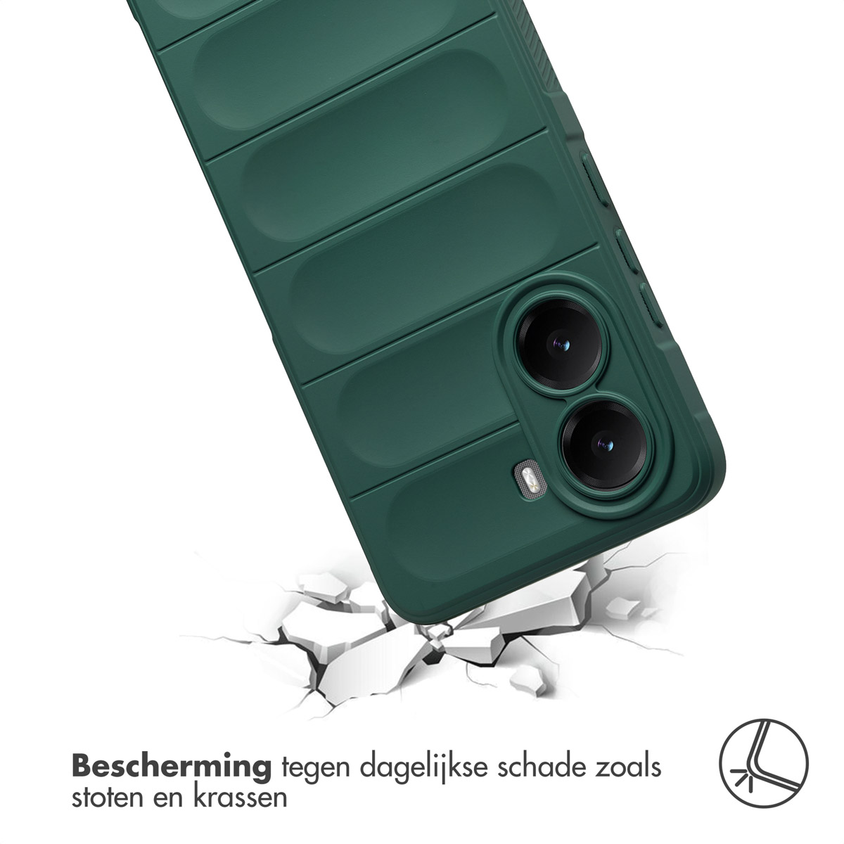 Een groene telefoonhoes wordt getoond, met een gebarsten oppervlak eronder. De hoes valt, wat duidt op impactbescherming.