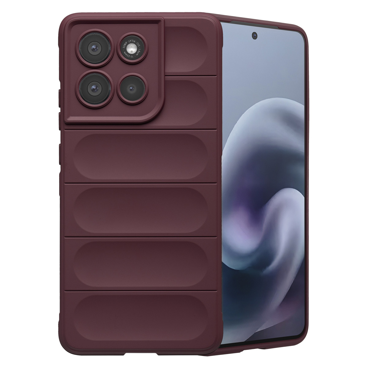 Una custodia per telefono bordeaux con fori per fotocamera e schermo del telefono. La custodia ha un design a coste.