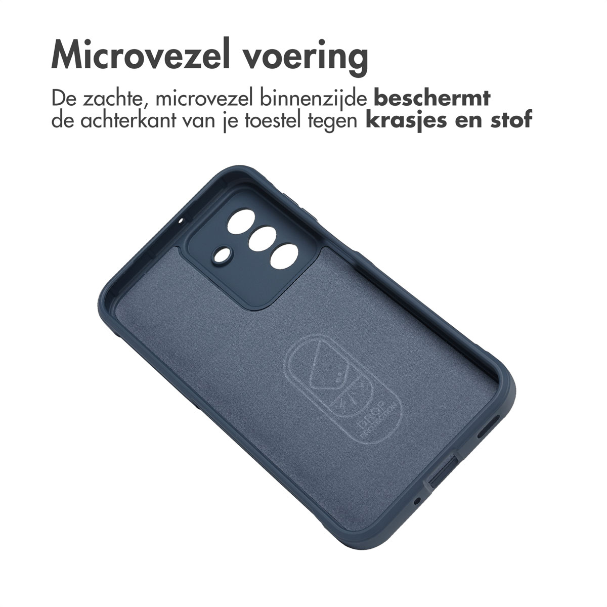 Een blauwe telefoonhoes met een microvezel voering. Tekst bovenaan beschrijft de bescherming tegen krassen en stof.