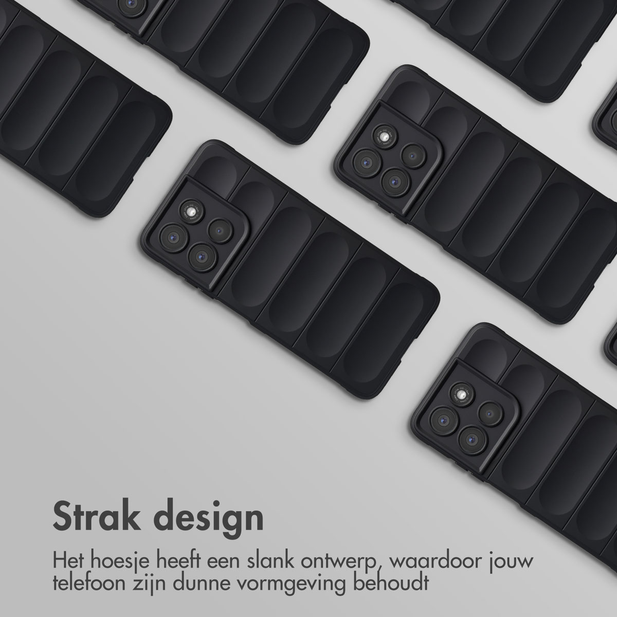 Schwarze Handyhüllen mit mehreren Kameralinsen sind auf grauem Hintergrund angeordnet. Die Hüllen haben ein strukturiertes Design.