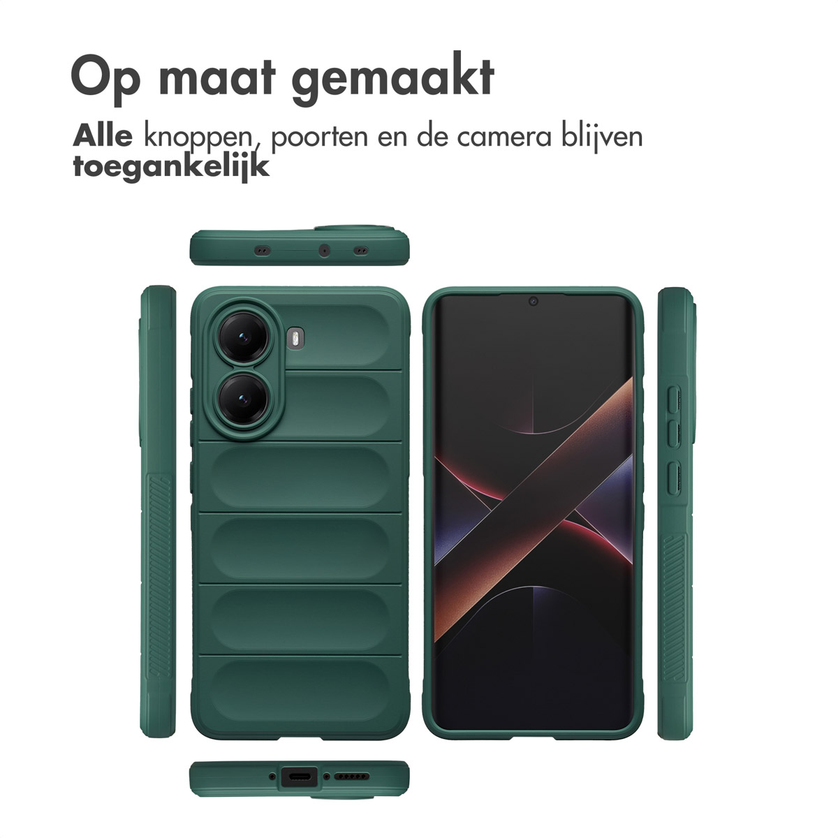 Groene telefoonhoes met telefoon op display. Delen van de hoes in verschillende hoeken getoond. Nederlandse tekst bovenaan.