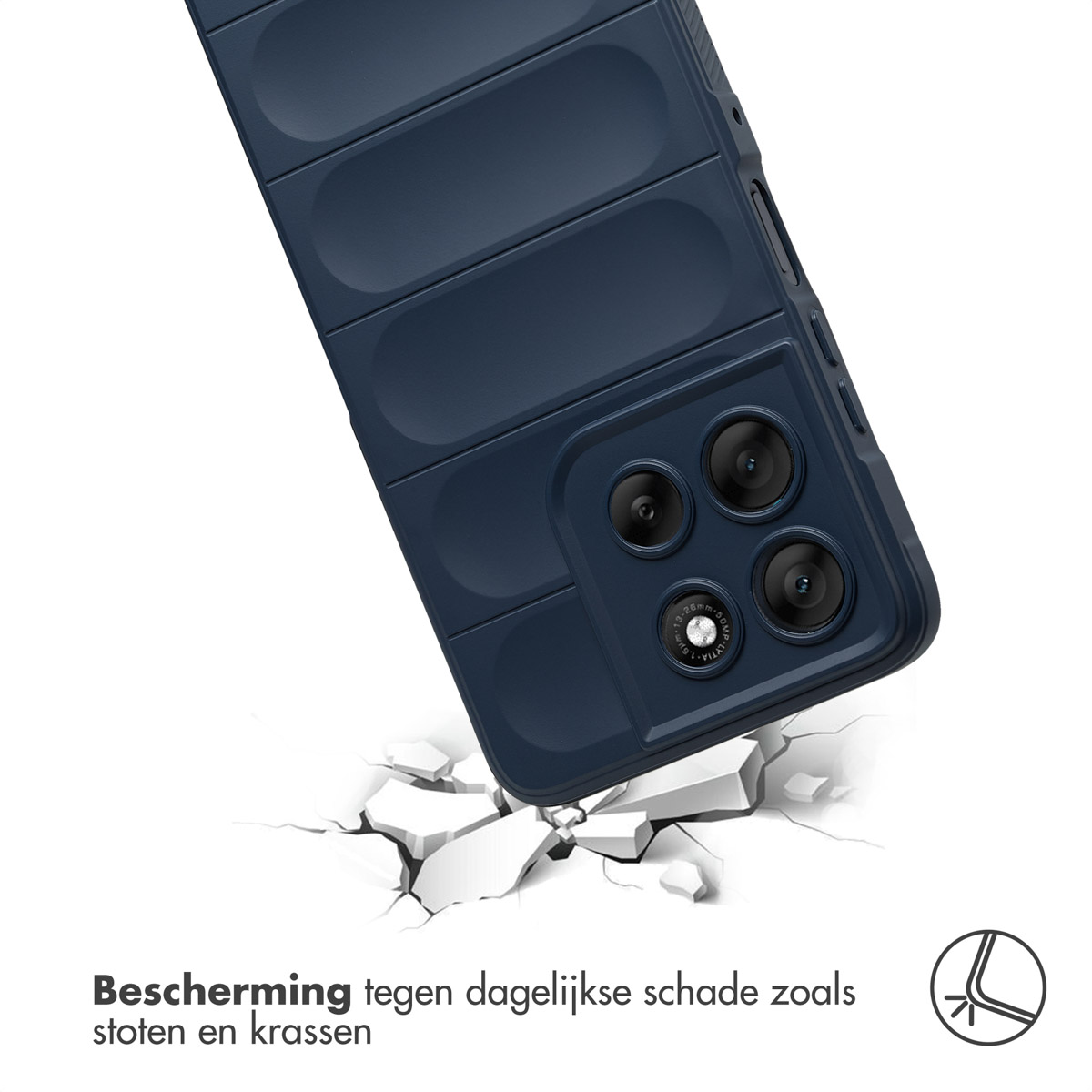 Eine marineblaue Handyhülle fällt und bricht den Boden darunter. Die Hülle hat ein strukturiertes Design. Niederländischer Text: Schutz vor täglichen Schäden.