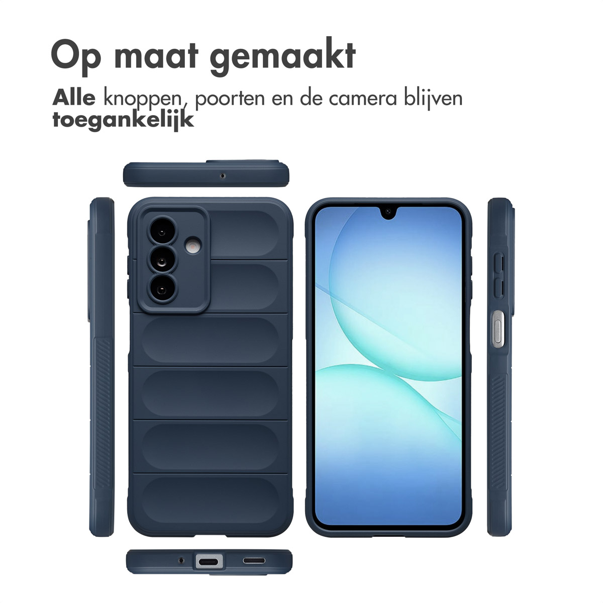Een marineblauwe telefoonhoes met een smartphone, die de functies laat zien. De hoes heeft een gestructureerd ontwerp en wordt vanuit verschillende hoeken getoond.