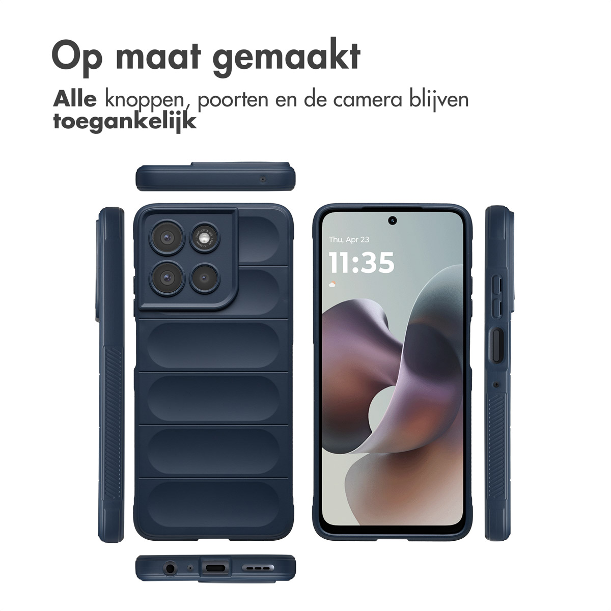 Dunkelblaue Handyhülle mit Telefon. Text: 'Op maat gemaakt'. Das Telefon zeigt Zeit. Hülle hat Kamera- und Knopfausschnitte.