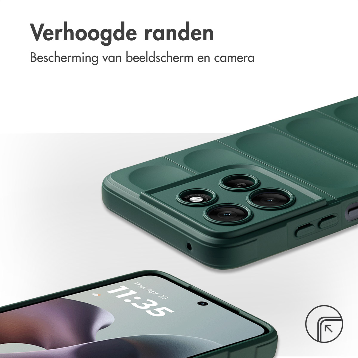 Grüne Handyhülle mit erhöhten Rändern, schützt Bildschirm und Kamera. Telefonbildschirm zeigt Datum und Uhrzeit. Weißer Hintergrund.