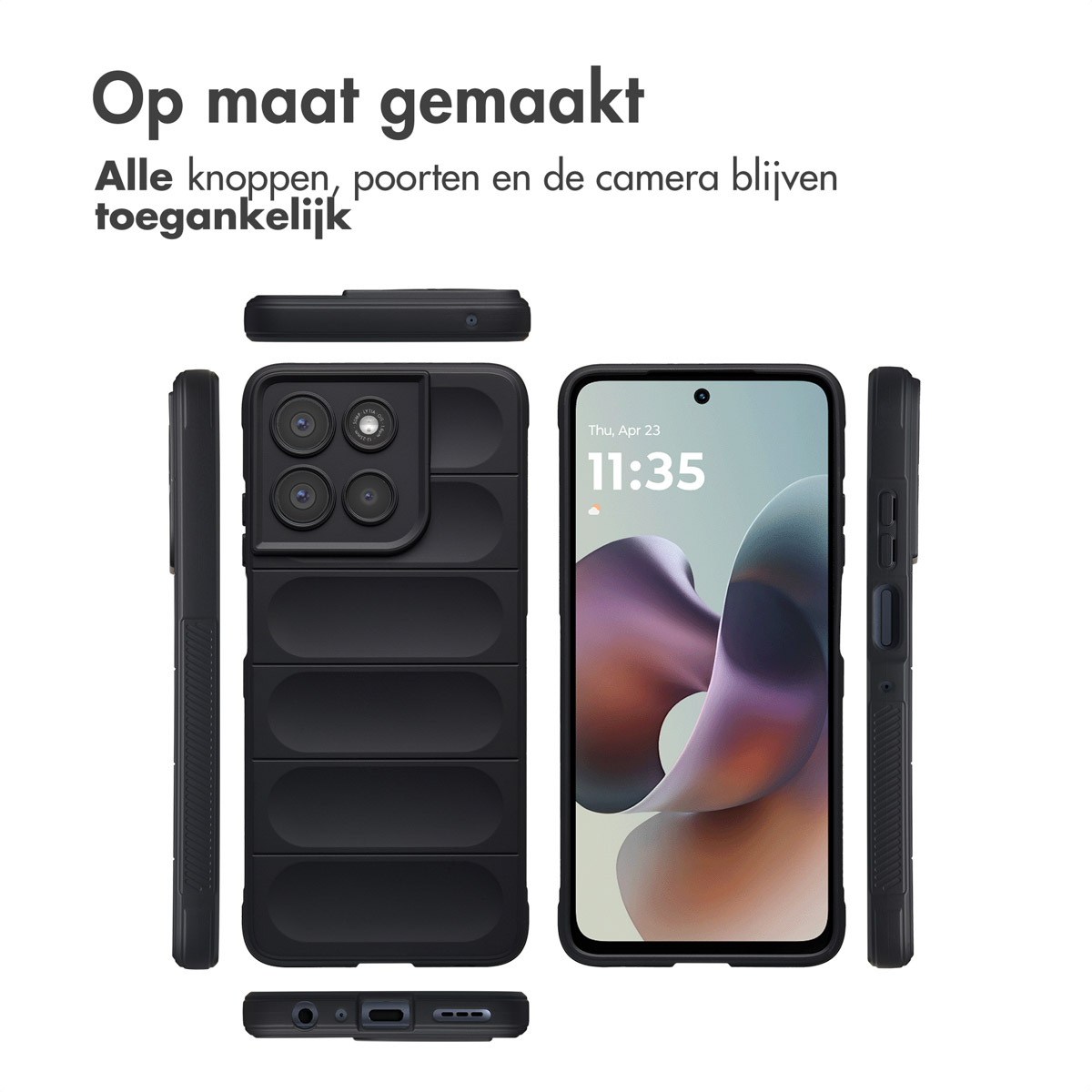 Schwarze Handyhülle mit Uhrzeit. Die Hülle hat einen Kameraausschnitt, und der Text 'Op maat gemaakt' steht oben.