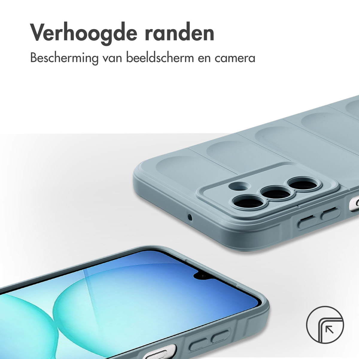 Deux coques de téléphone bleu clair, une avec un écran visible et du texte en néerlandais. Une icône de coin est en bas à droite.