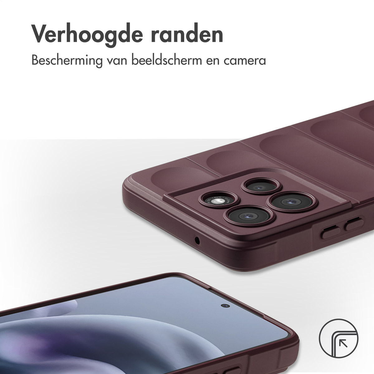 Primo piano di una custodia per telefono color vinaccia e uno schermo del telefono. La custodia ha un ritaglio per la fotocamera. Testo olandese.