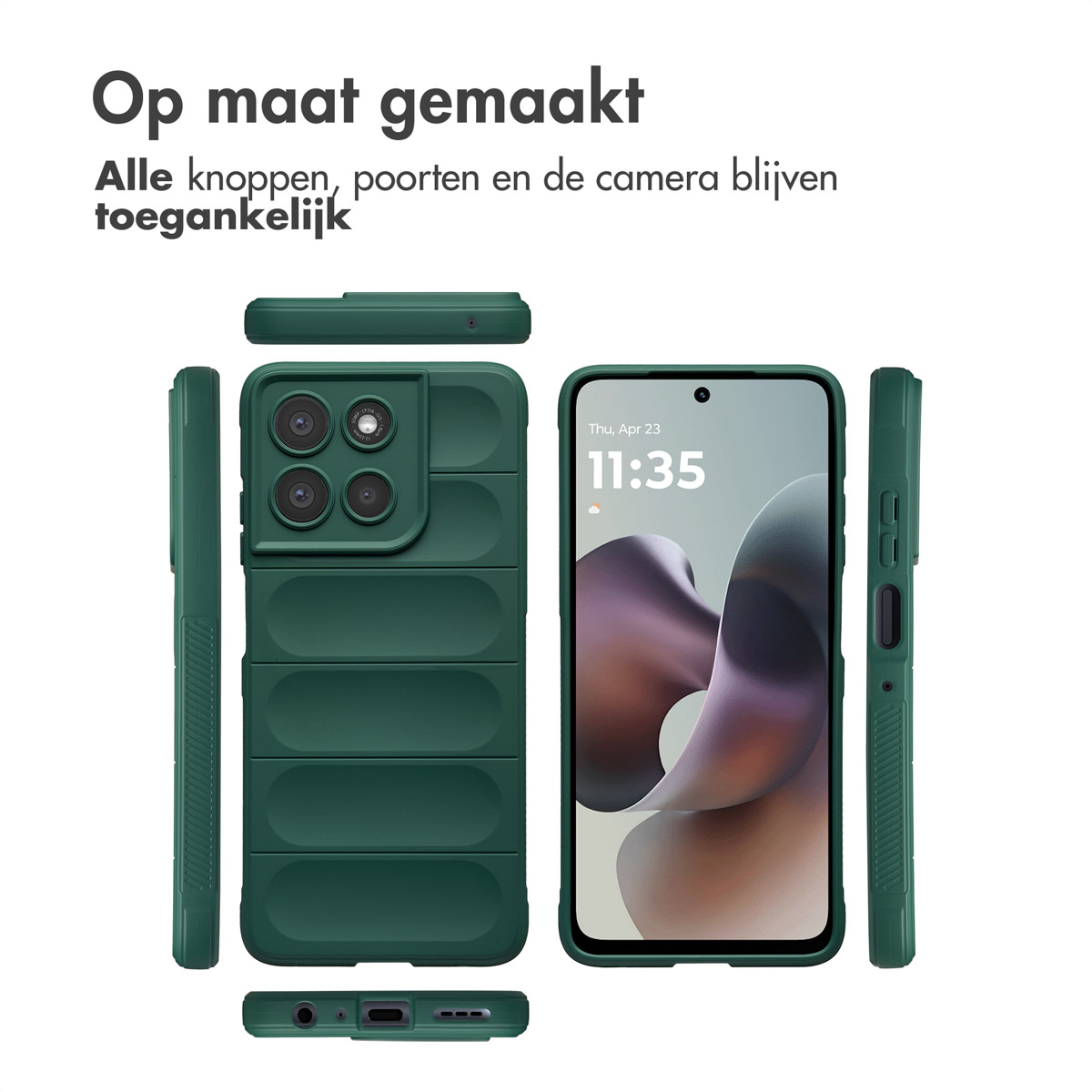 Eine grüne Handyhülle mit einem Telefon darin. Die Hülle hat Aussparungen für Kamera, Tasten und Anschlüsse. Das Telefon zeigt die Uhrzeit an.