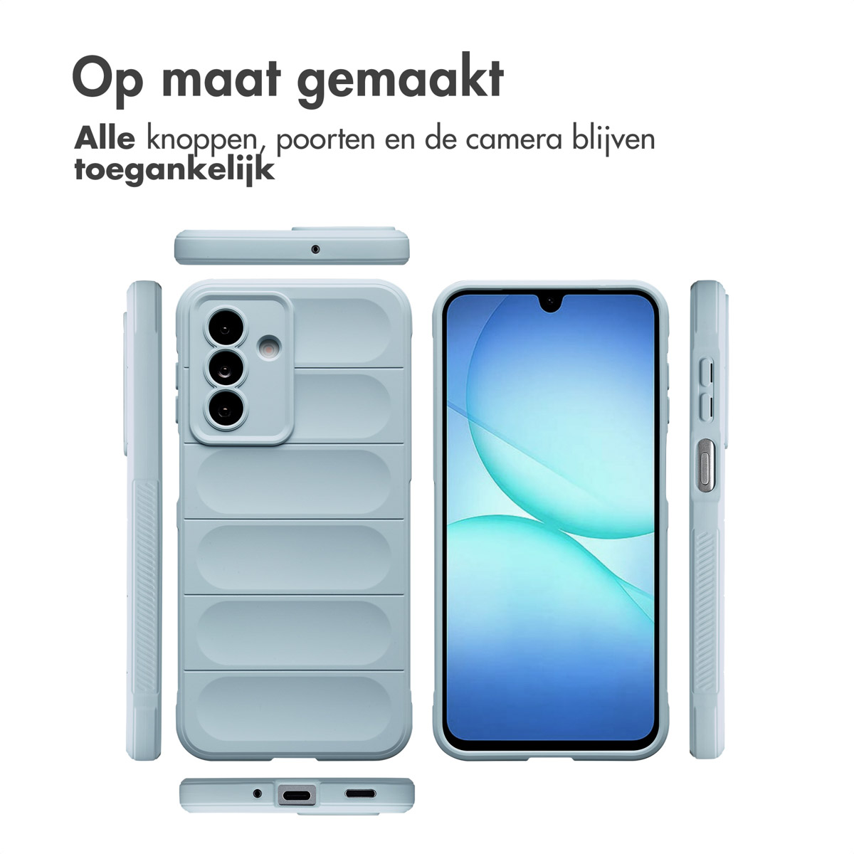 Une coque de téléphone bleu clair, avec le téléphone à l'intérieur et d'autres pièces autour. L'écran du téléphone est allumé et la coque a un design texturé.