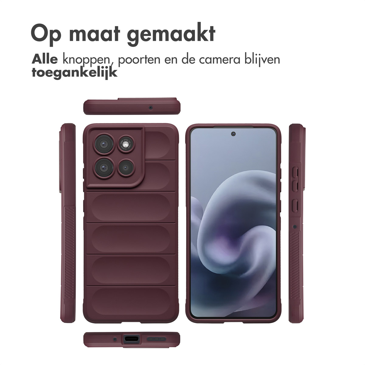 Una custodia per telefono bordeaux con diversi componenti. Viene mostrato uno schermo del telefono. Il testo in alto dice: 'Op maat gemaakt'.