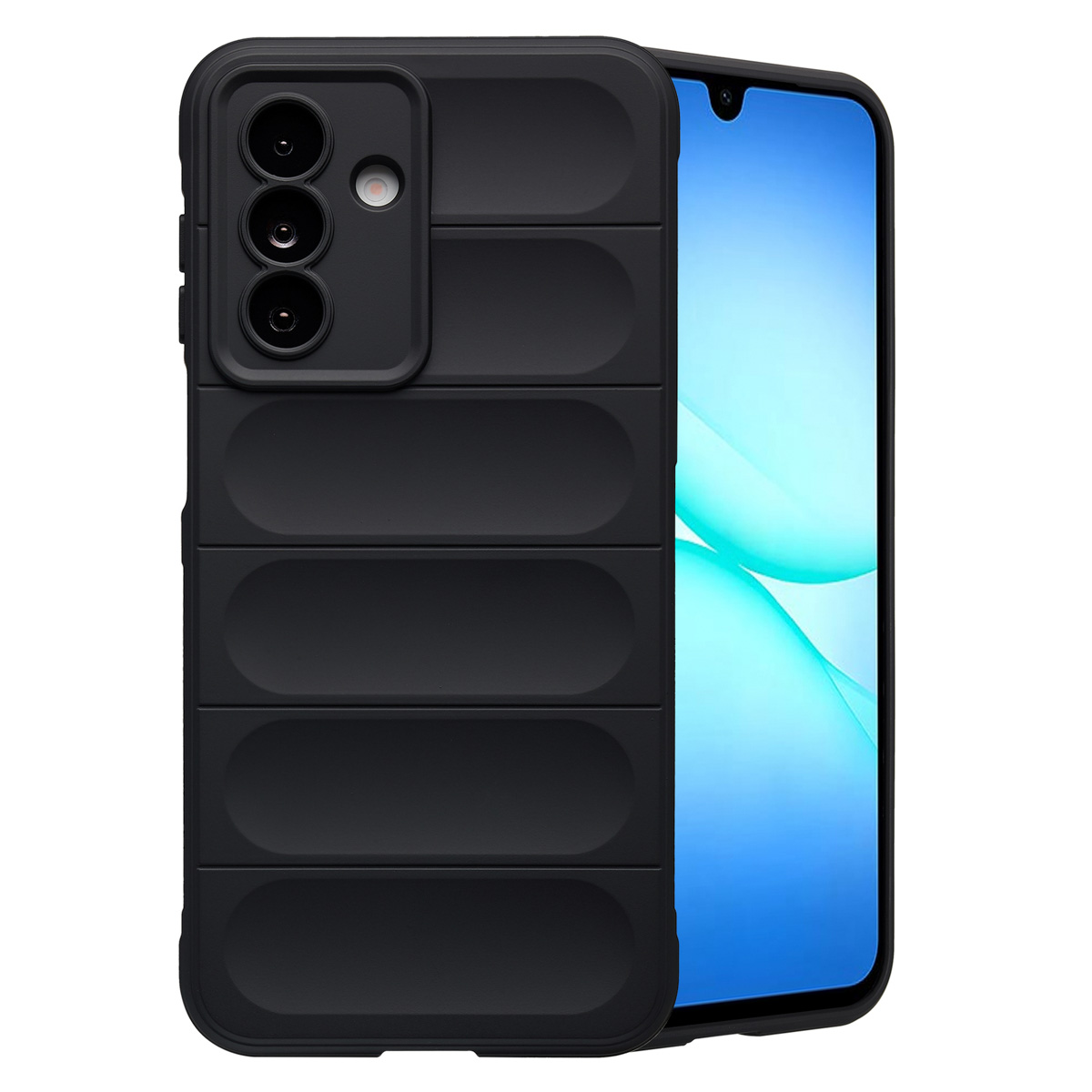 Un téléphone noir dans un étui noir. L'étui a trois objectifs d'appareil photo et un design strié. L'écran affiche un motif bleu et blanc.