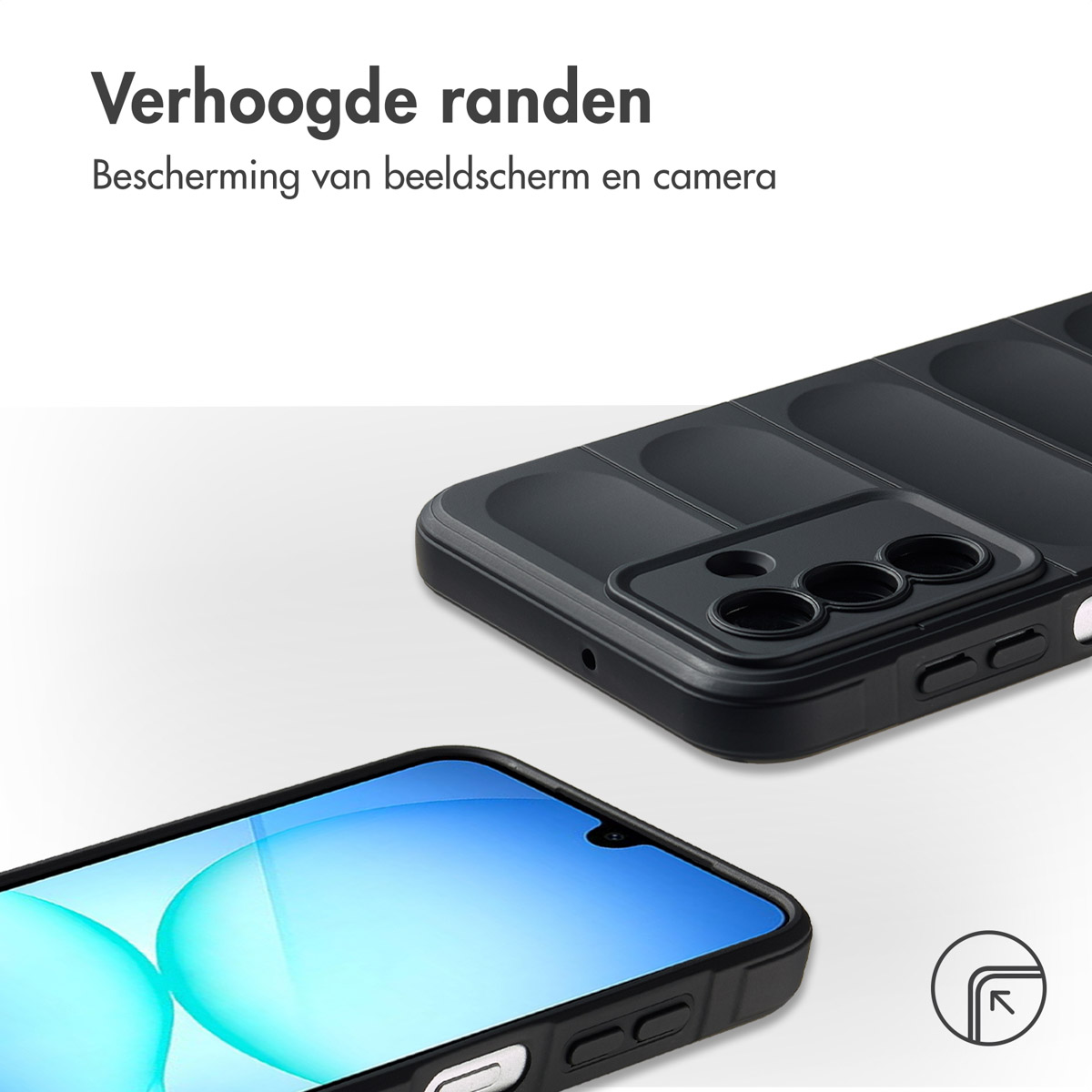 Coque de téléphone noire avec bords surélevés. Un téléphone au premier plan, un autre en arrière-plan. Texte en néerlandais en haut.