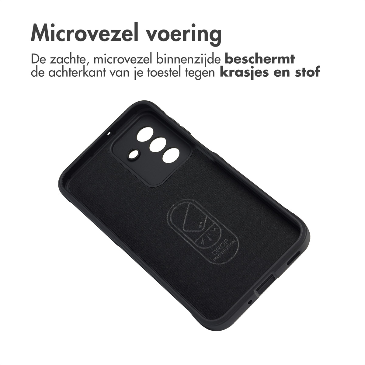 Coque de téléphone noire avec doublure en microfibre douce. L'étui a un intérieur texturé et un logo. Texte en haut. Fond blanc.