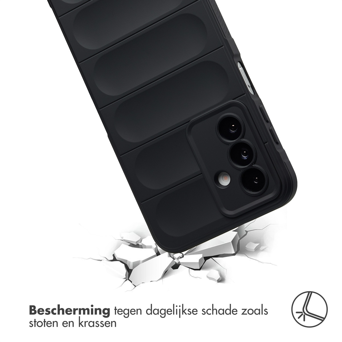 Une coque de téléphone noire est inclinée, semblant briser une surface en dessous. Le texte indique : "Protection contre les dommages quotidiens comme les chocs et les rayures."