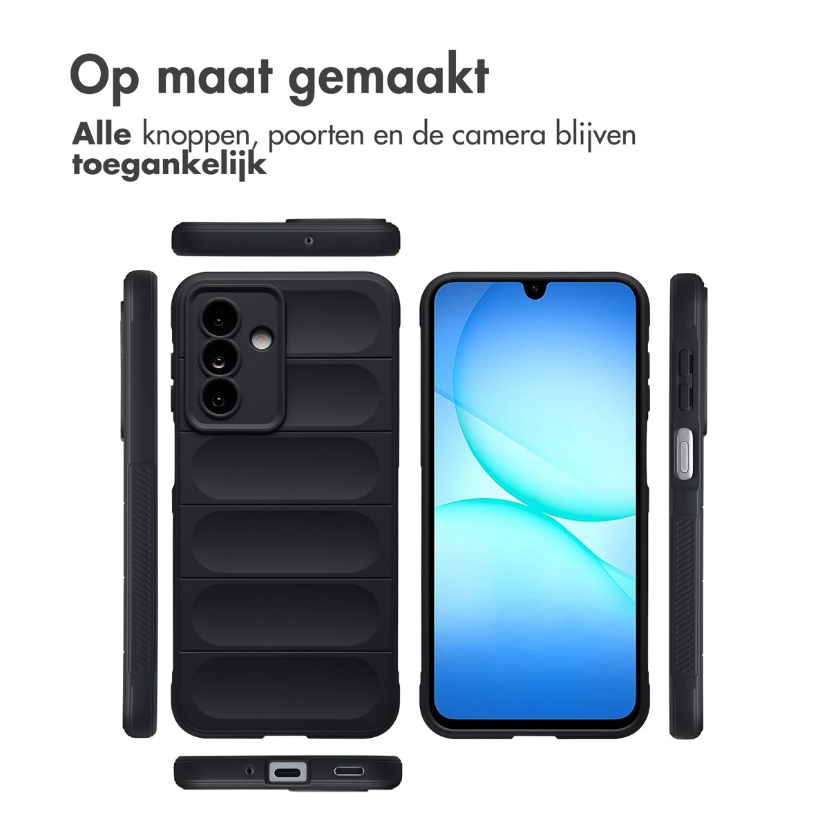 Une coque de téléphone noire avec un téléphone à l'intérieur. La coque a un design unique. L'écran du téléphone affiche un motif abstrait bleu et blanc.
