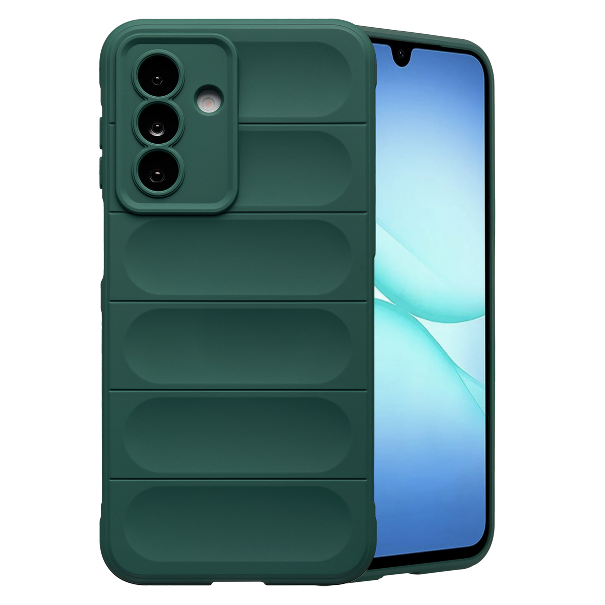 Een groene telefoonhoes met een smartphone erin. De hoes heeft een textuurontwerp en uitsparingen voor de camera. Het telefoonscherm toont een lichtblauwe achtergrond.