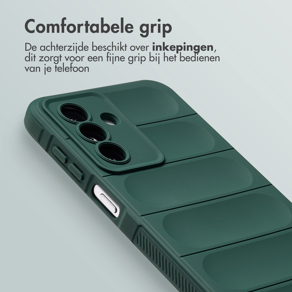 Een donkergroene telefoonhoes, met knoppen en camera. De hoes heeft een textuurontwerp voor betere grip.