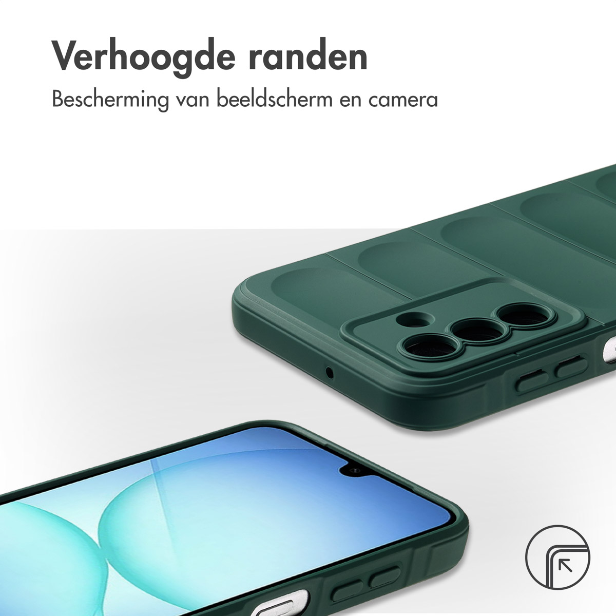 Groene telefoonhoes, met verhoogde randen. Tekst: 'Verhoogde randen, bescherming van scherm en camera'.