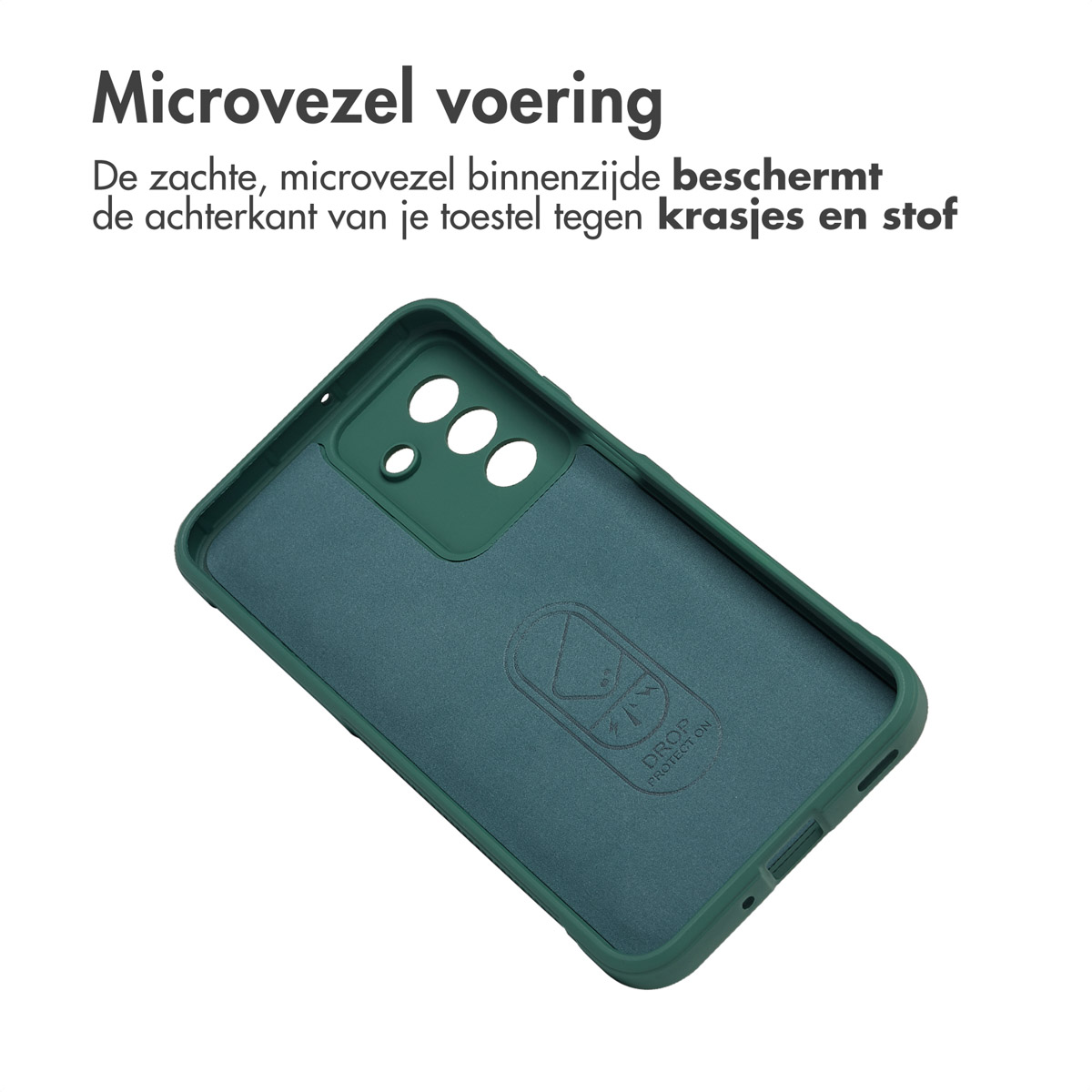 Een teal telefoonhoesje interieur. De hoes heeft uitsparingen voor camera en knoppen, en een logo met 'DROP PROTECTION'.