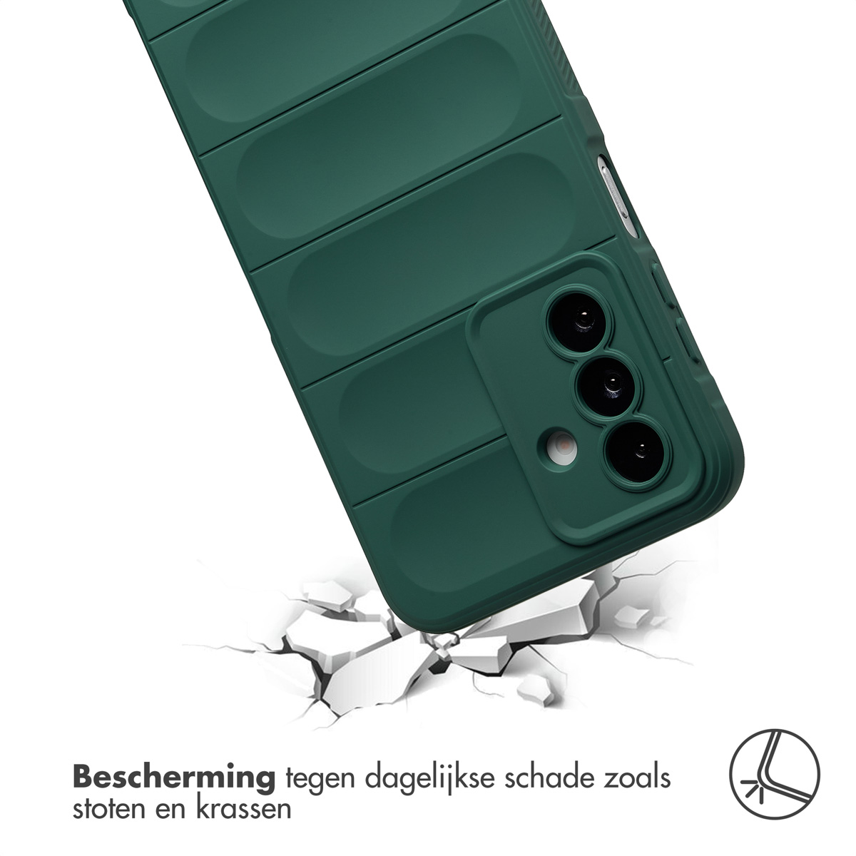 Een groene telefoonhoes valt, met scheuren op de grond. De tekst onderaan luidt: 'Bescherming tegen dagelijkse schade'.