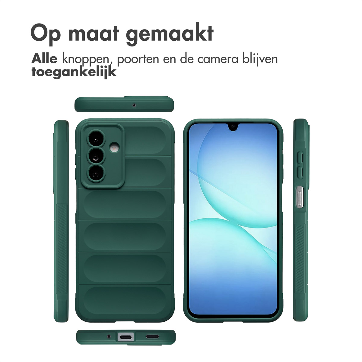 Groene telefoonhoesonderdelen weergegeven rond een telefoon met een blauw-wit scherm. Tekst bovenaan: 'Op maat gemaakt'.