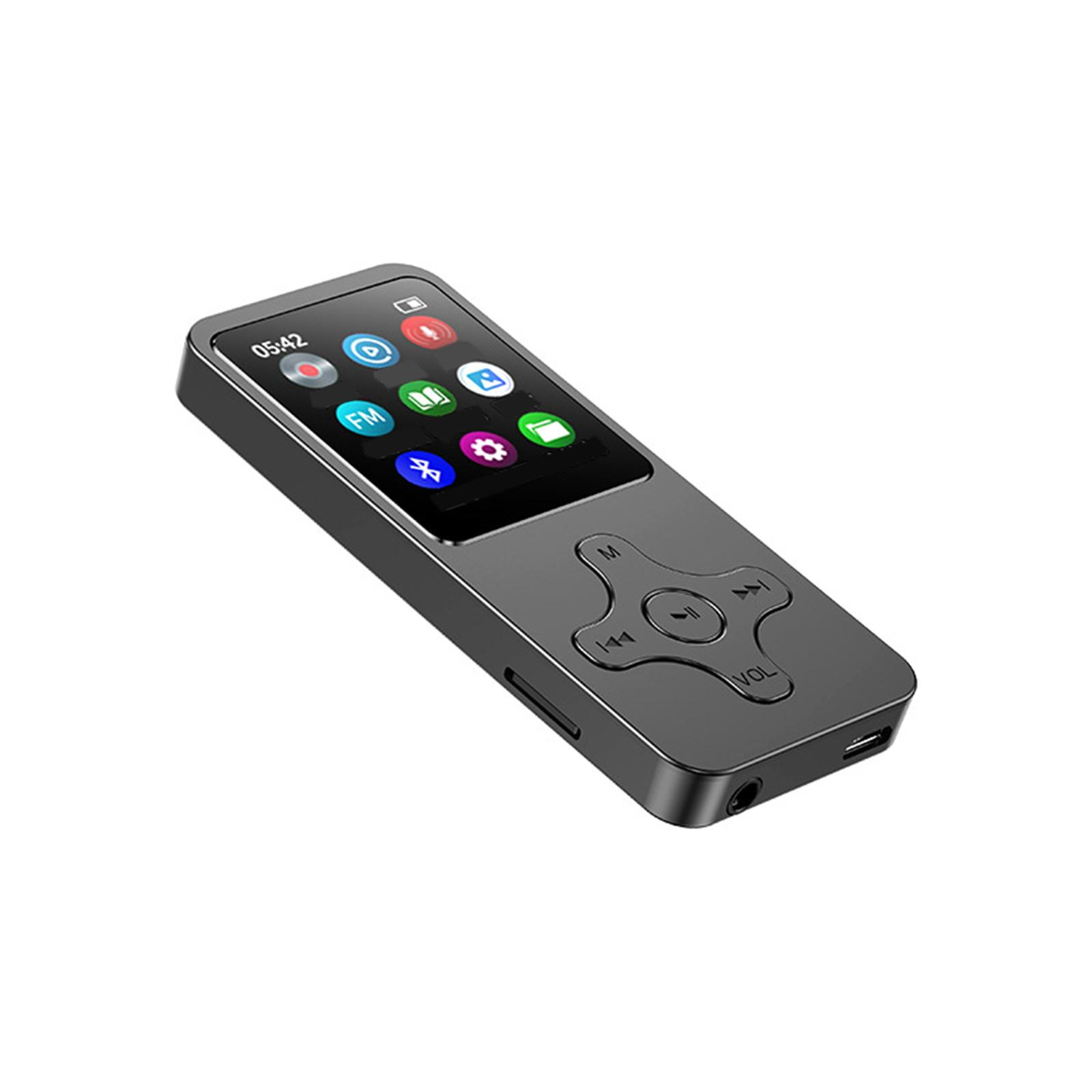 Ein schwarzer MP3-Player mit einem Bildschirm, der Symbole anzeigt. Er hat Steuertasten und einen Lautstärkeregler.