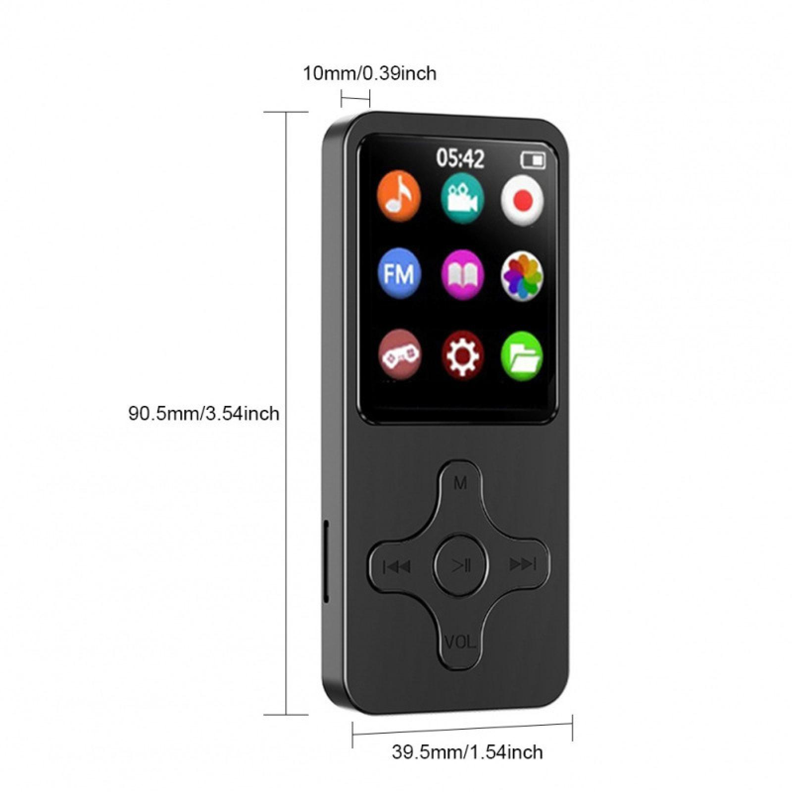 Schwarzer MP3-Player mit Bildschirm, der Symbole und Zeit anzeigt. Er hat Tasten für Lautstärke und Navigation, mit Maßen.