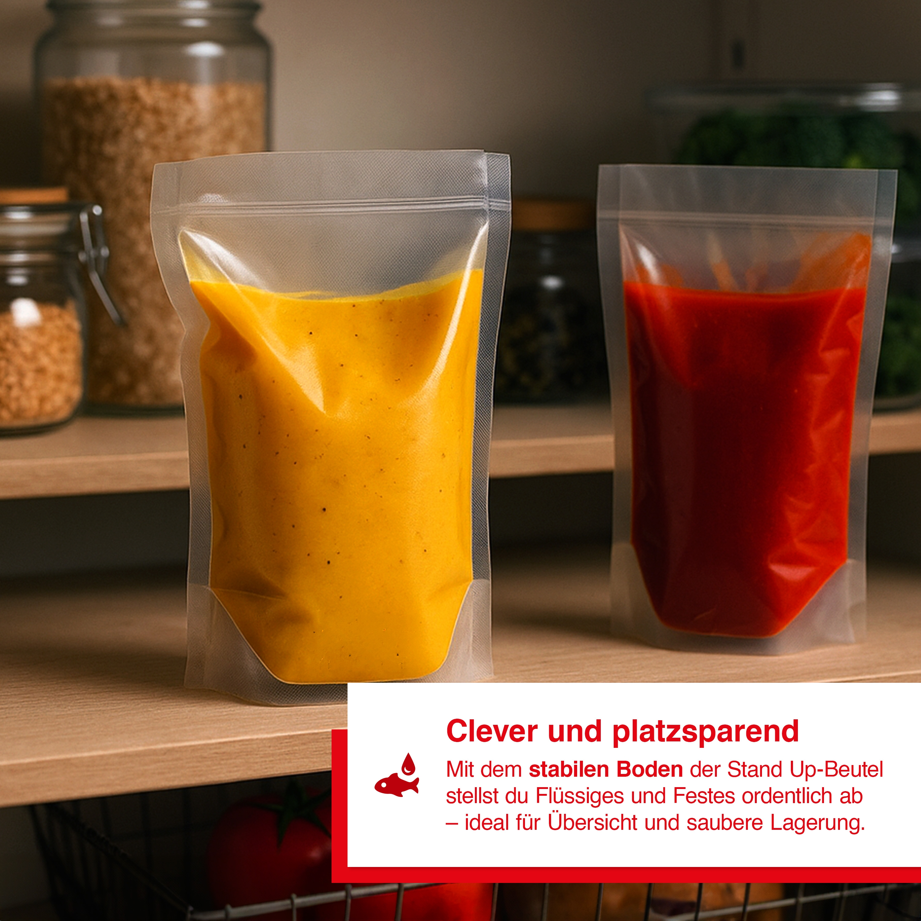 Zwei transparente Beutel stehen auf einem Regal. Einer enthält gelbe Flüssigkeit, der andere rote. Gläser sind im Hintergrund.