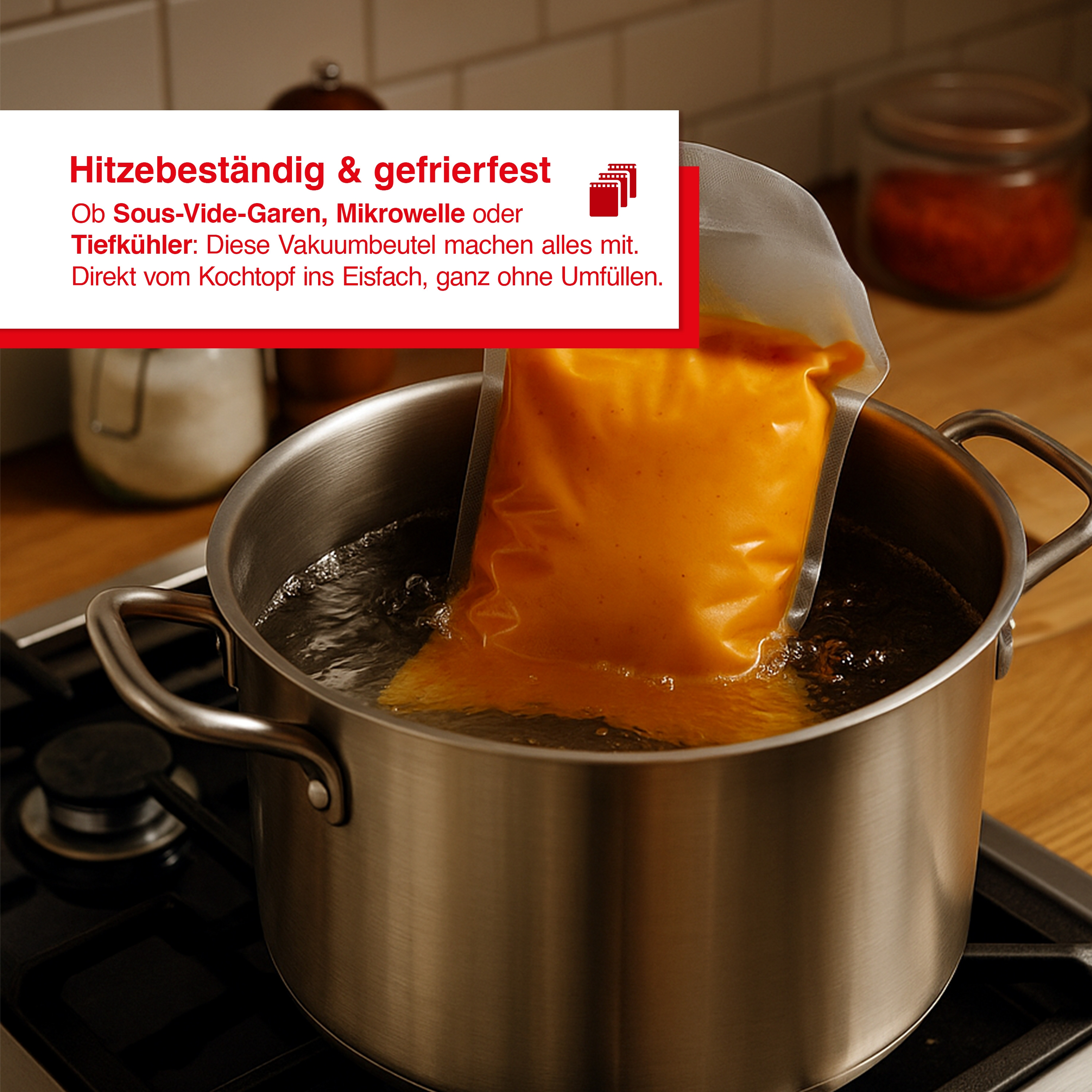 Ein Topf mit kochendem Wasser auf einem Herd. Ein Beutel mit orangefarbenem Inhalt ist im Wasser eingetaucht.