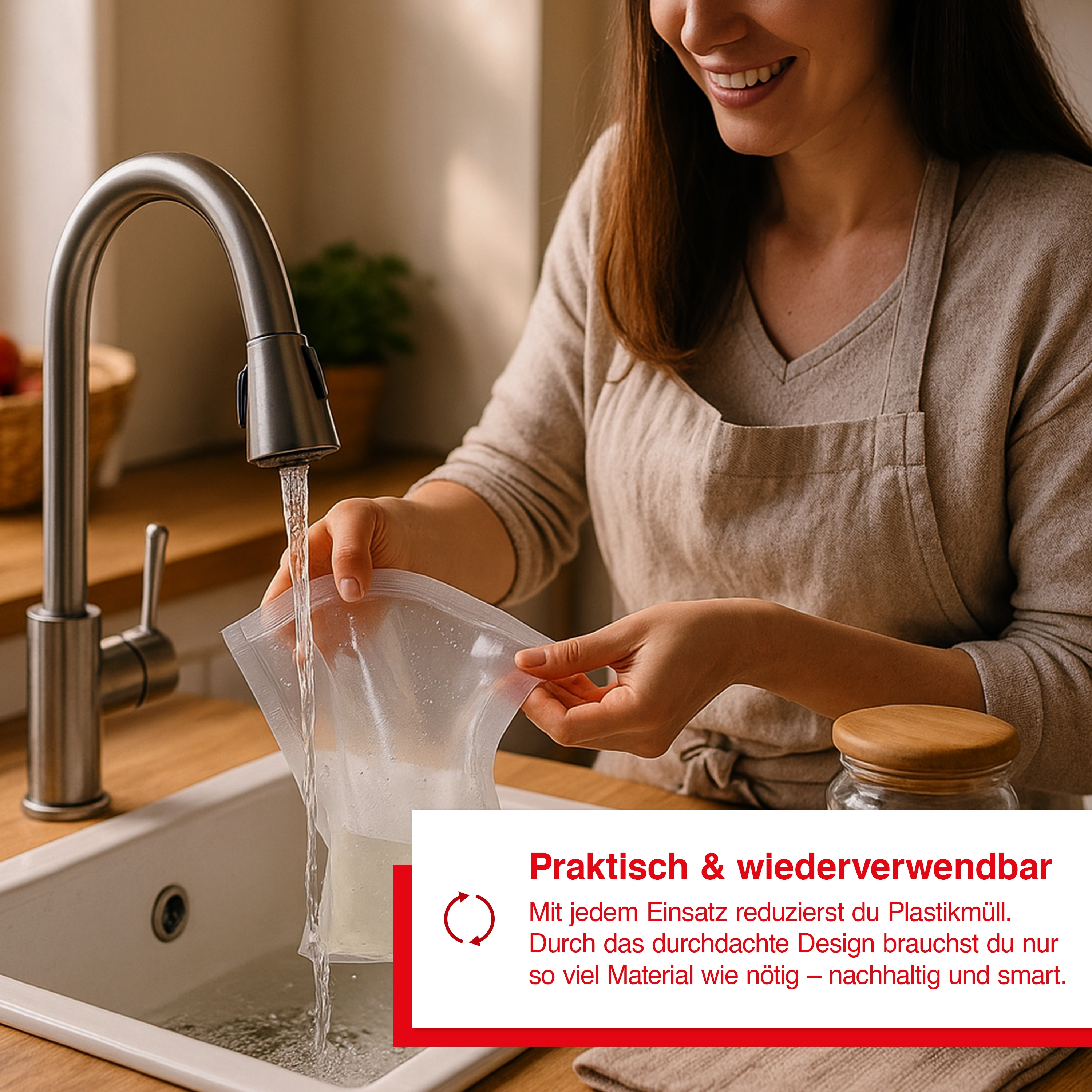 Eine Frau füllt eine wiederverwendbare Tüte mit Wasser. Ein Wasserhahn und ein Waschbecken sind im Vordergrund.