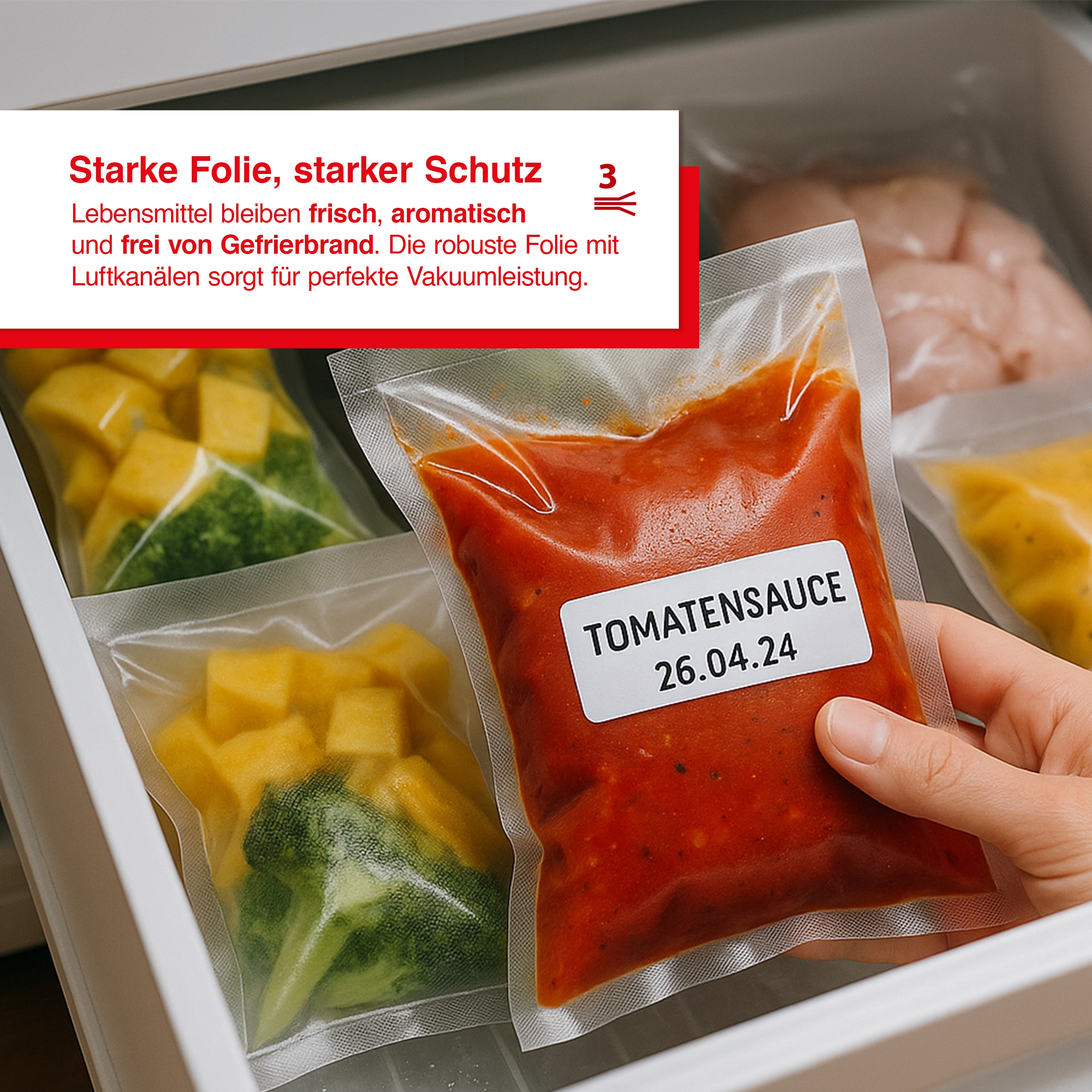 Eine Hand hält eine Tüte Tomatensauce in einem Kühlschrank. Andere Tüten enthalten gelbe und grüne Lebensmittel.
