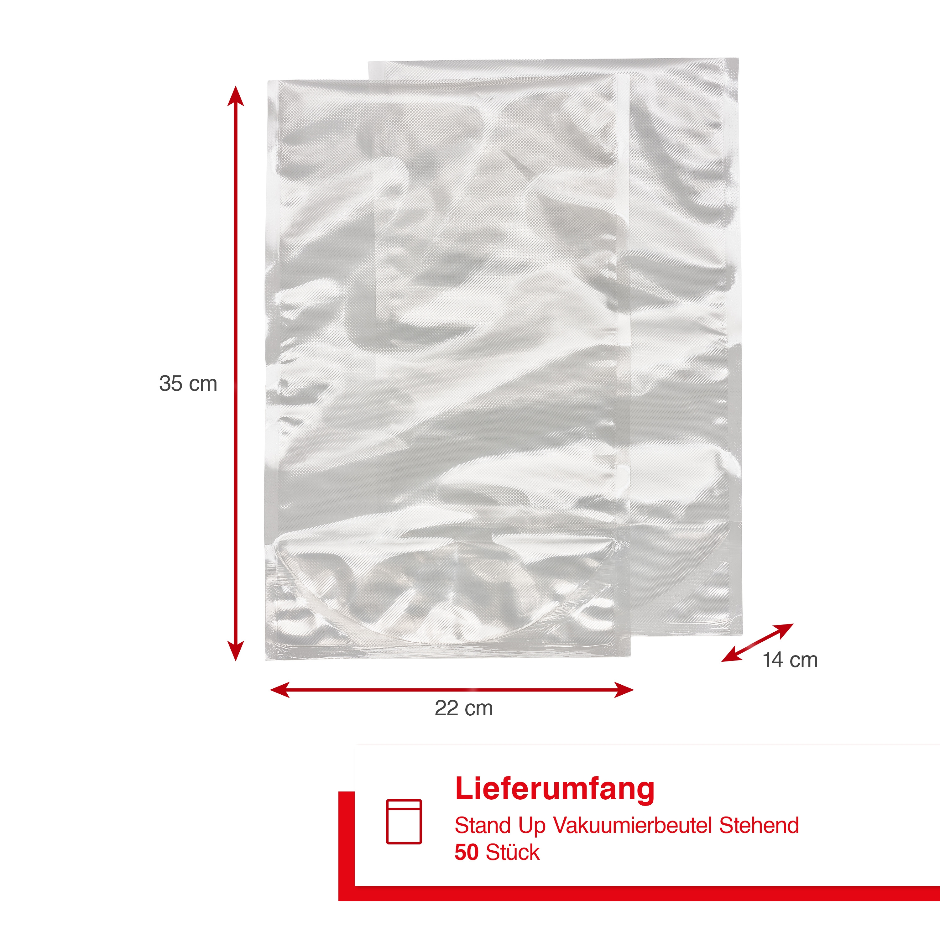 Zwei transparente Vakuumbeutel. Maße: 35x22x14 cm. Text: 'Lieferumfang', 'Stand Up Vakuumierbeutel Stehend', '50 Stück'.