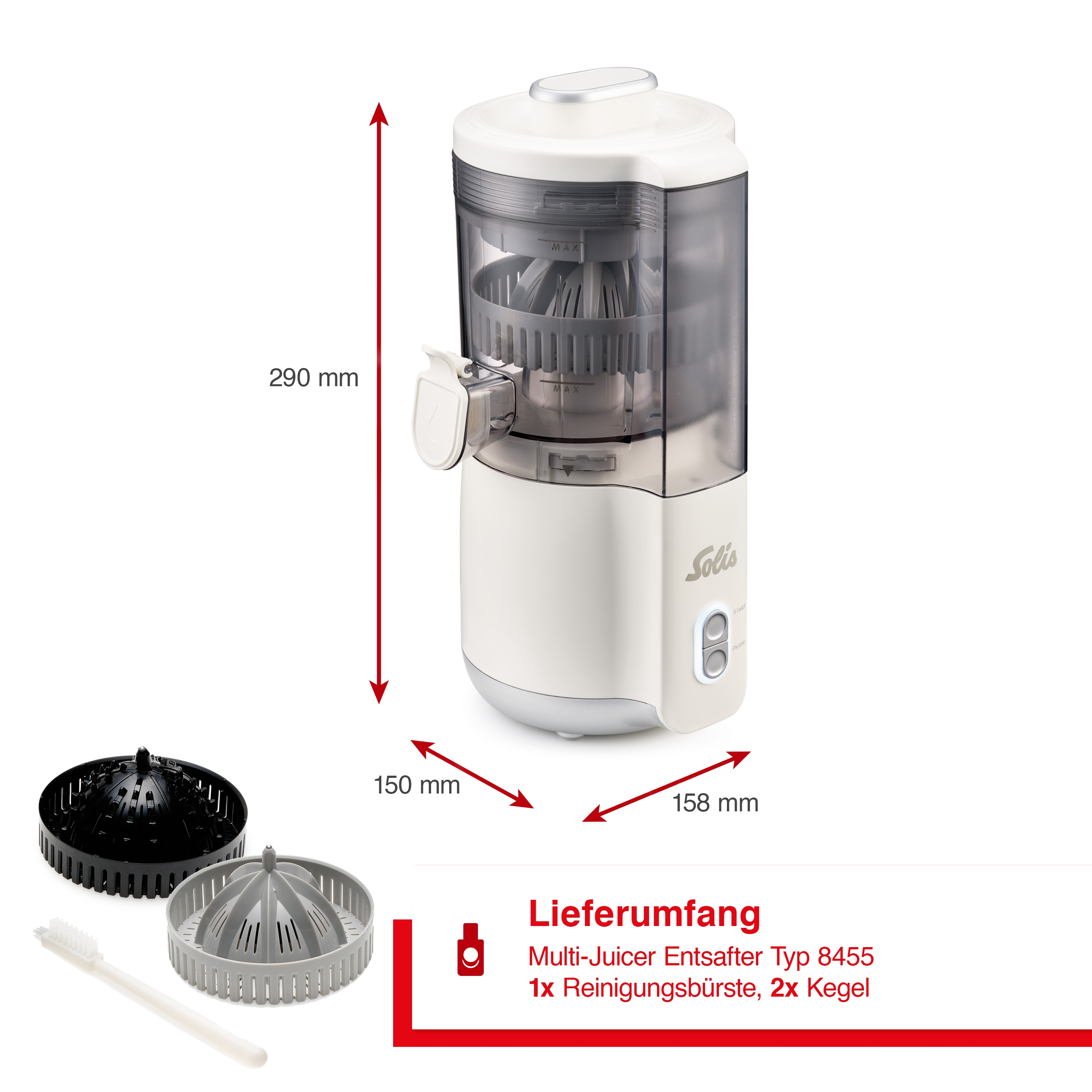 Un'estrattore di succo, con dimensioni e accessori. L'estrattore è bianco e grigio. Include una spazzola e due coni.