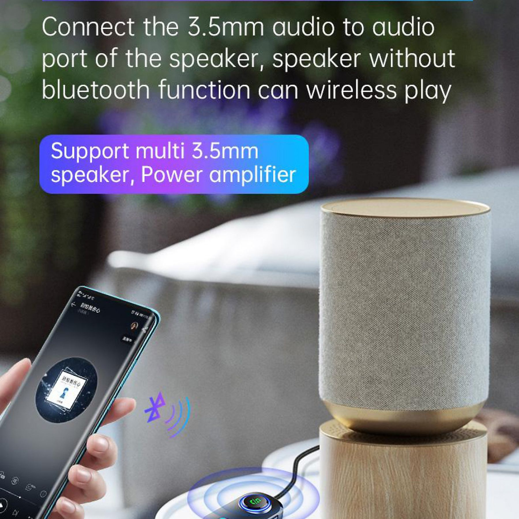 Ein Smartphone zeigt Musik an, die in der Nähe eines Lautsprechers abgespielt wird. Ein Kabel verbindet den Lautsprecher und ein kleines Gerät.