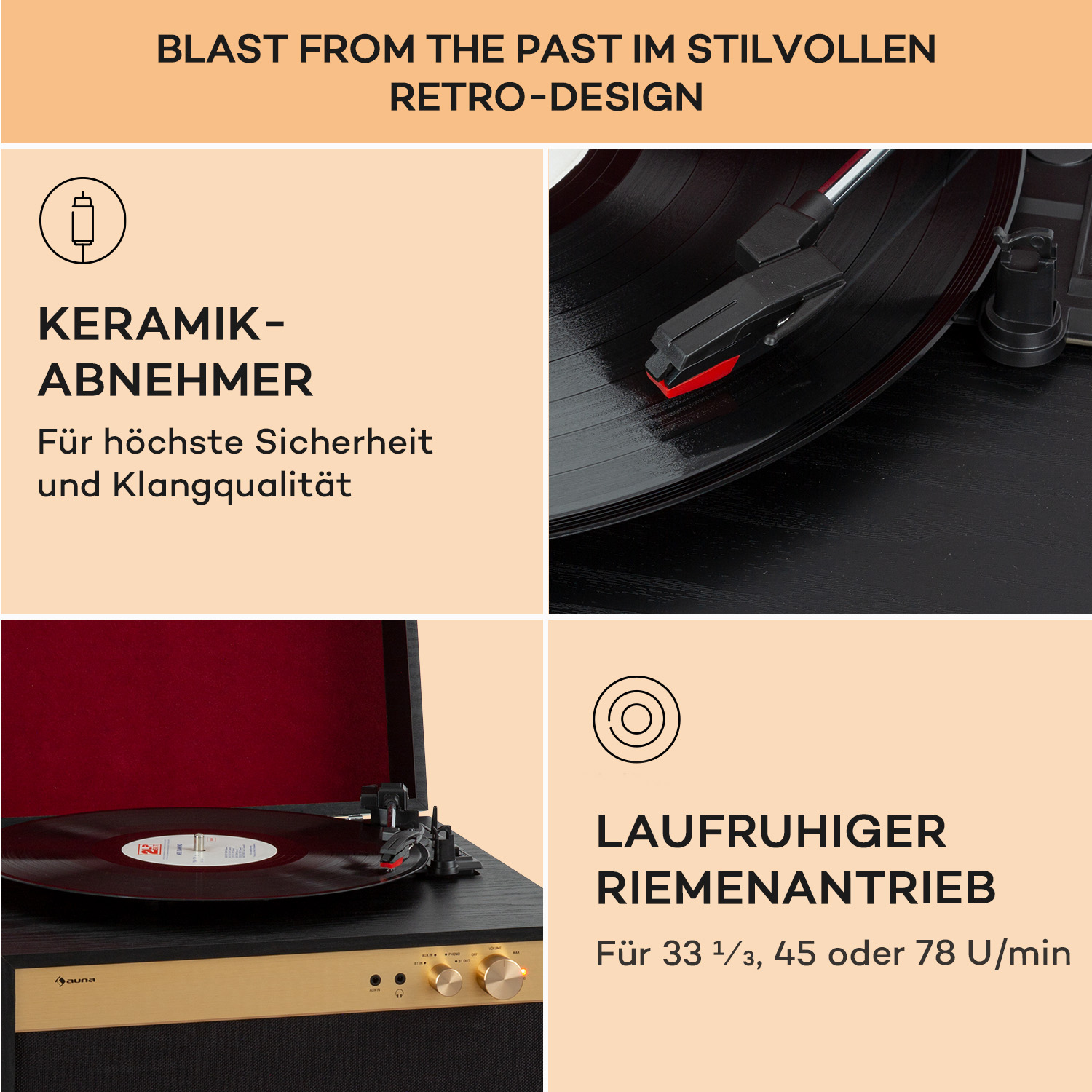 Ein Retro-Plattenspieler mit schwarzer Oberfläche, roter Nadel und goldener Frontplatte. Text beschreibt Eigenschaften und Geschwindigkeitsoptionen.