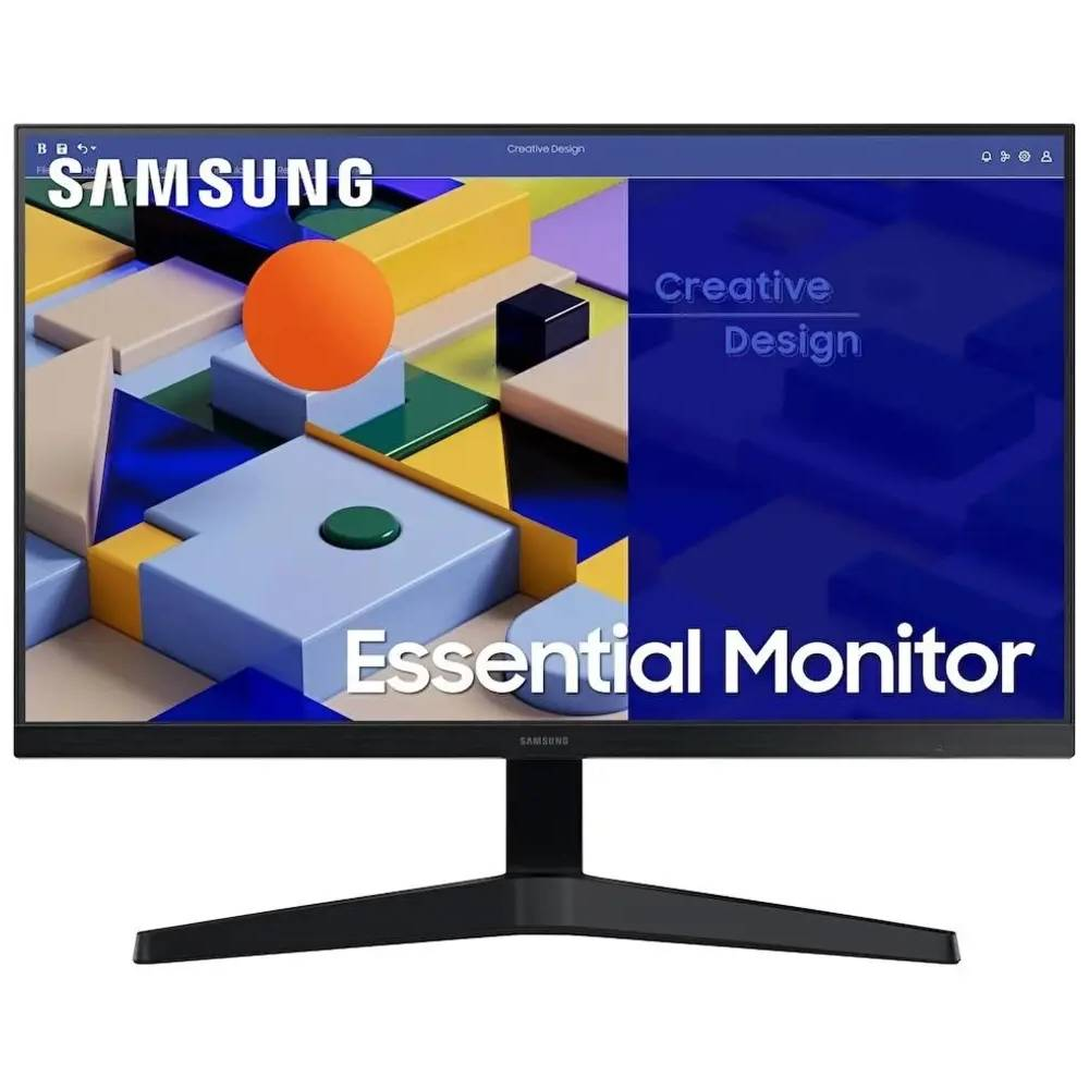 Bir Samsung monitöründe 'Creative Design' ve 'Essential Monitor' görüntüleniyor. Arka planda renkli geometrik şekiller var.