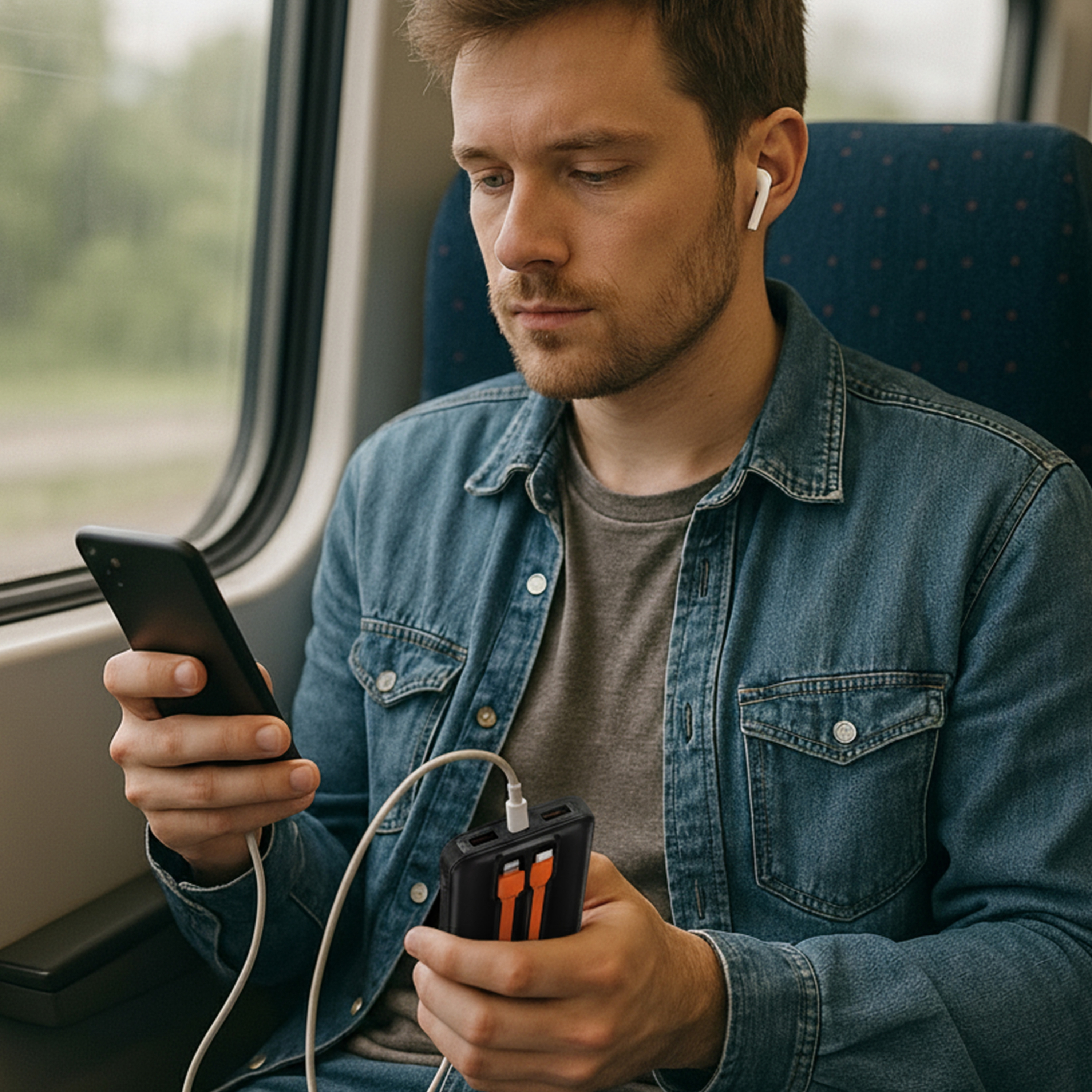 Een man in een trein gebruikt een telefoon en een oplader. Hij draagt een spijkerjasje en heeft een oortje in. Het raam toont een wazige buitenscène.