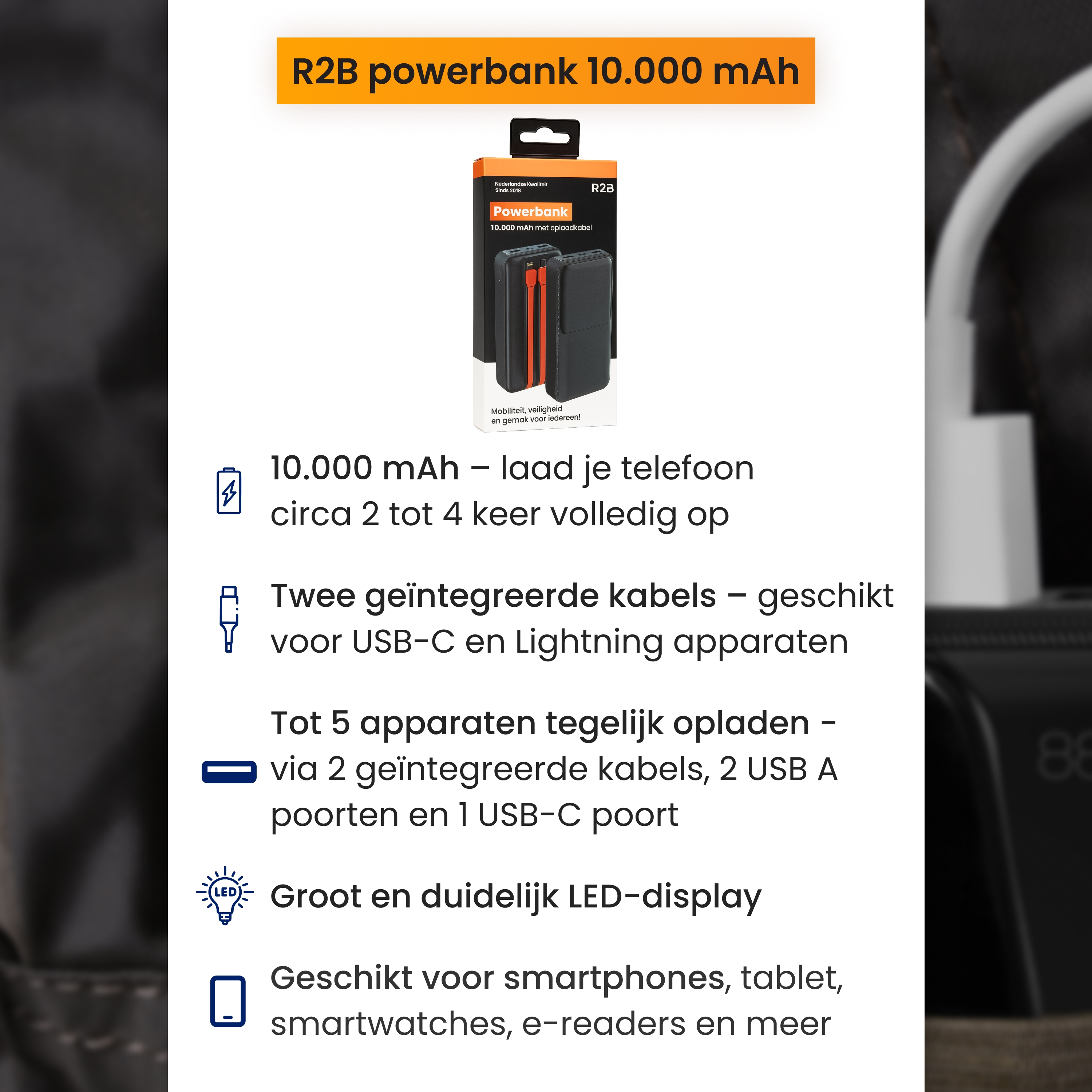 Image shows an R2B powerbank with details, including battery capacity, and device compatibility.