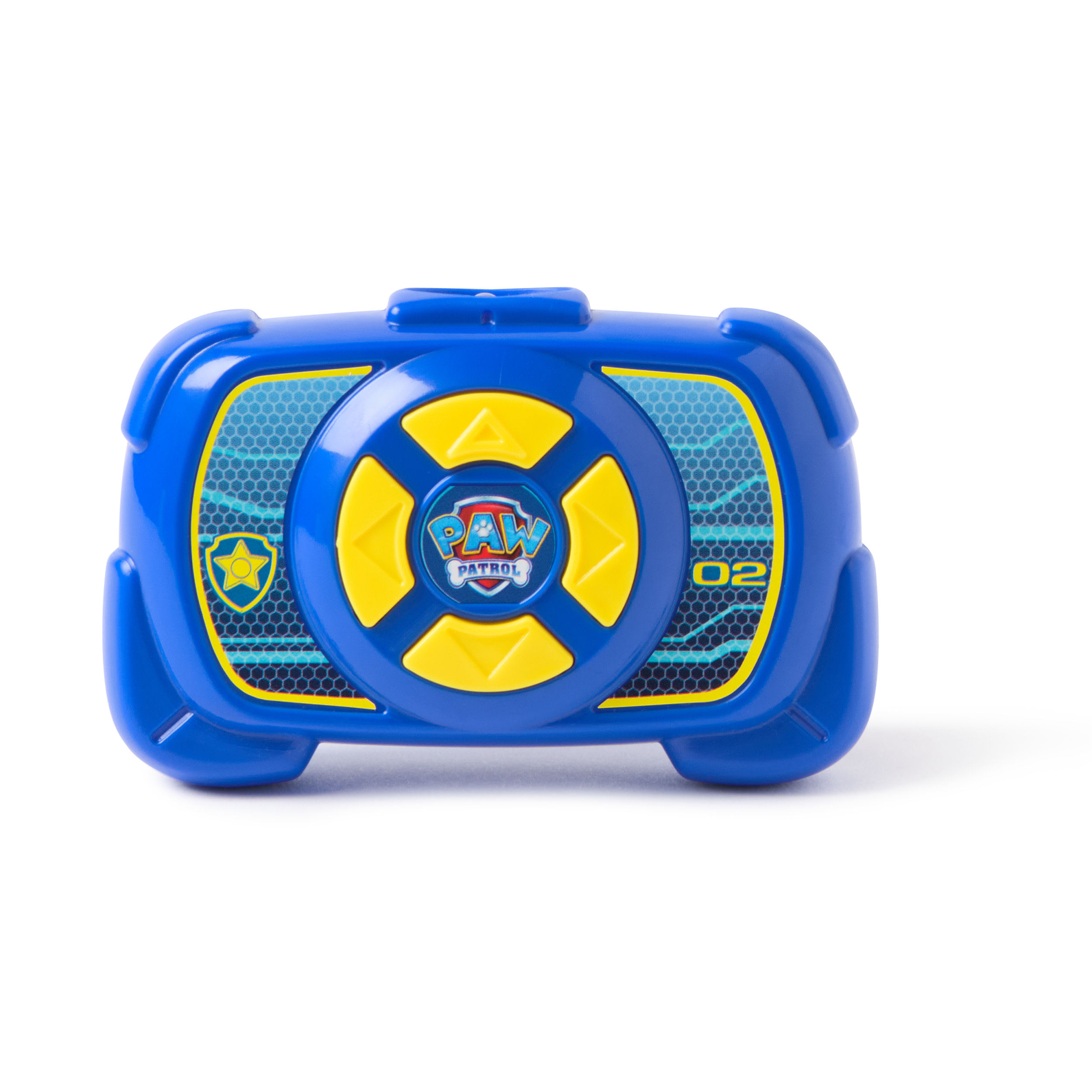 Niebiesko-żółta zabawka Paw Patrol. Ma okrągły środek z przyciskami, logo i numerem 02. Białe tło.