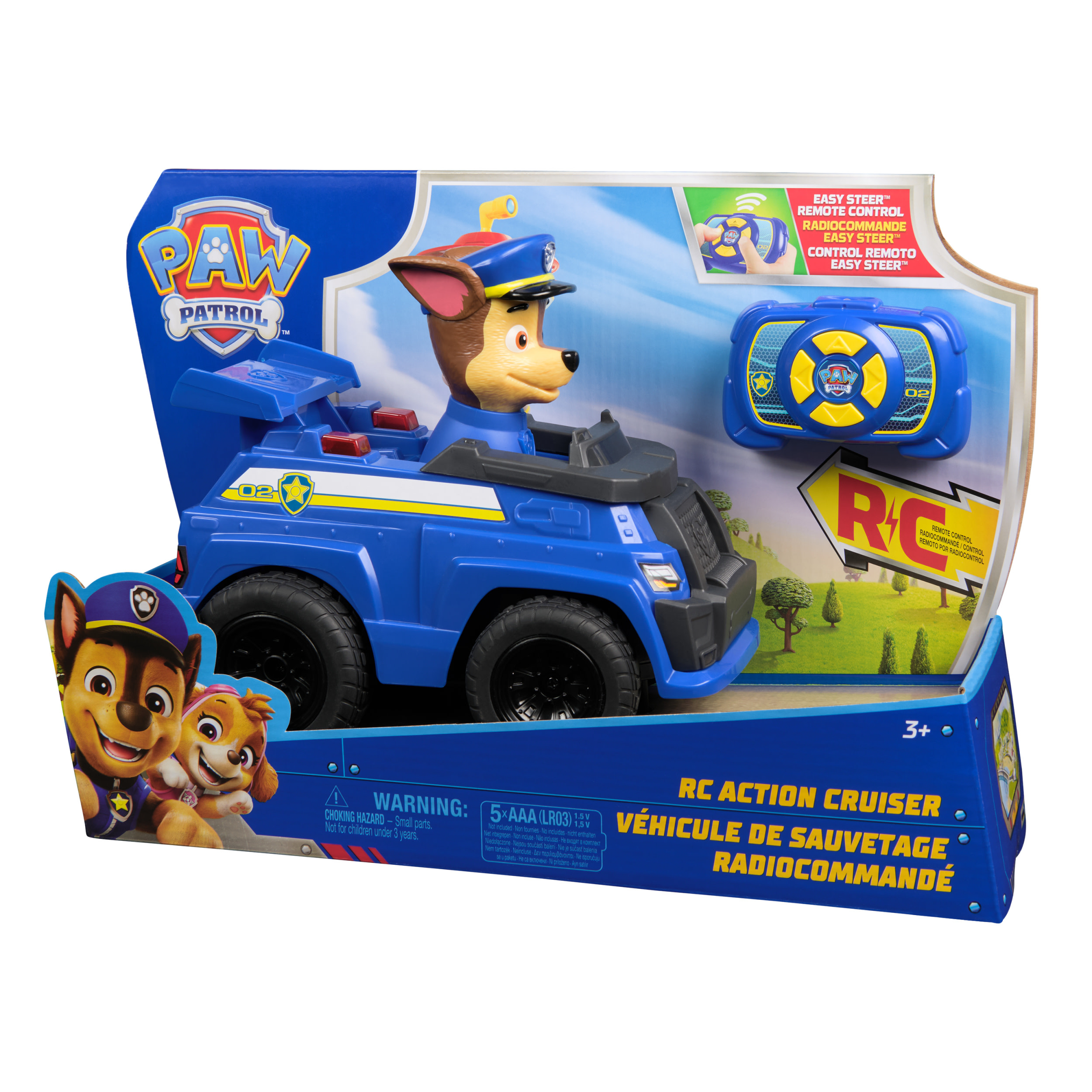 Niebieska zabawka RC Paw Patrol w pudełku, figurka Chase na samochodzie. Zawiera pilota.
