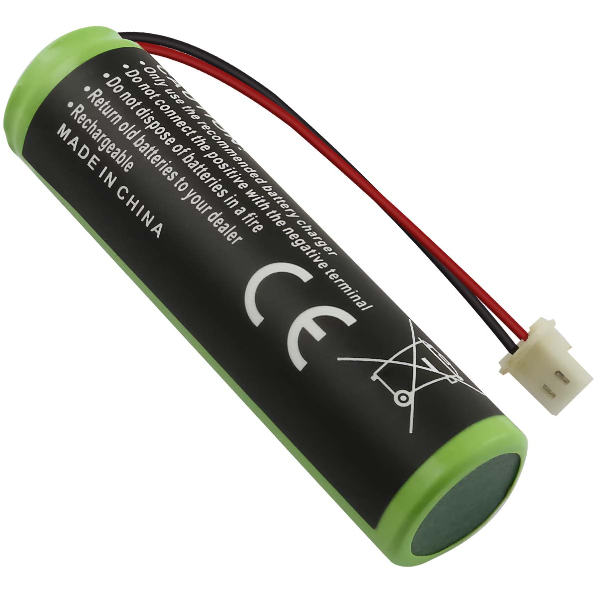Una batteria cilindrica verde e nera con fili rossi e neri e un connettore bianco. Il testo include avvertenze di sicurezza e il marchio CE.