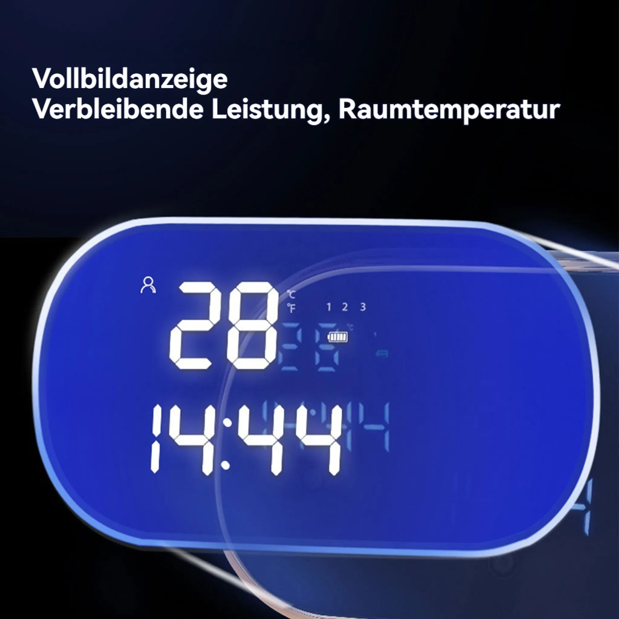 Ein digitales Display zeigt Zeit und Temperatur. Weiße Zahlen werden auf blauem Hintergrund angezeigt.