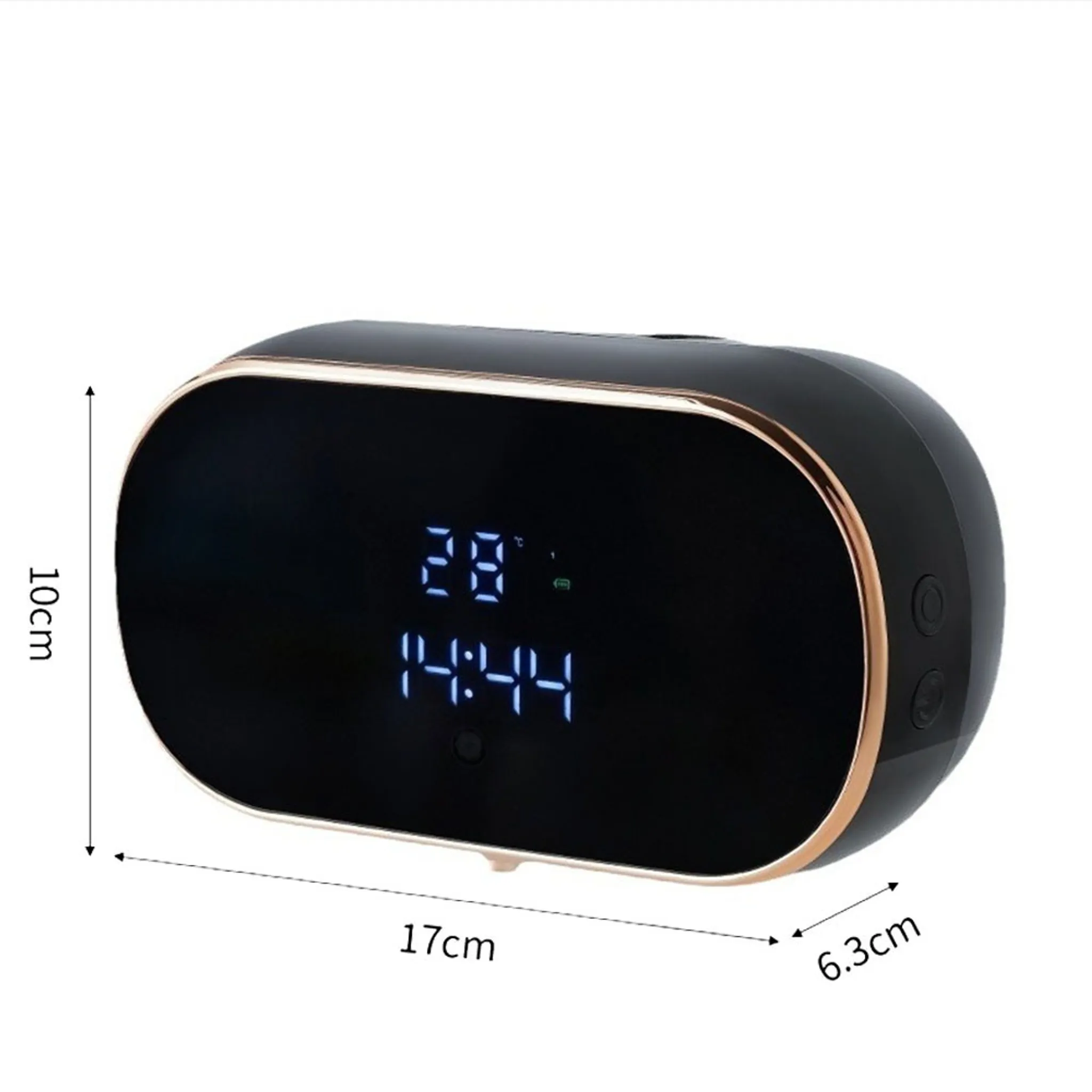 Eine schwarze und goldene Digitaluhr, die 28 Grad und 14:44 anzeigt. Das Gerät ist länglich, mit Abmessungen.