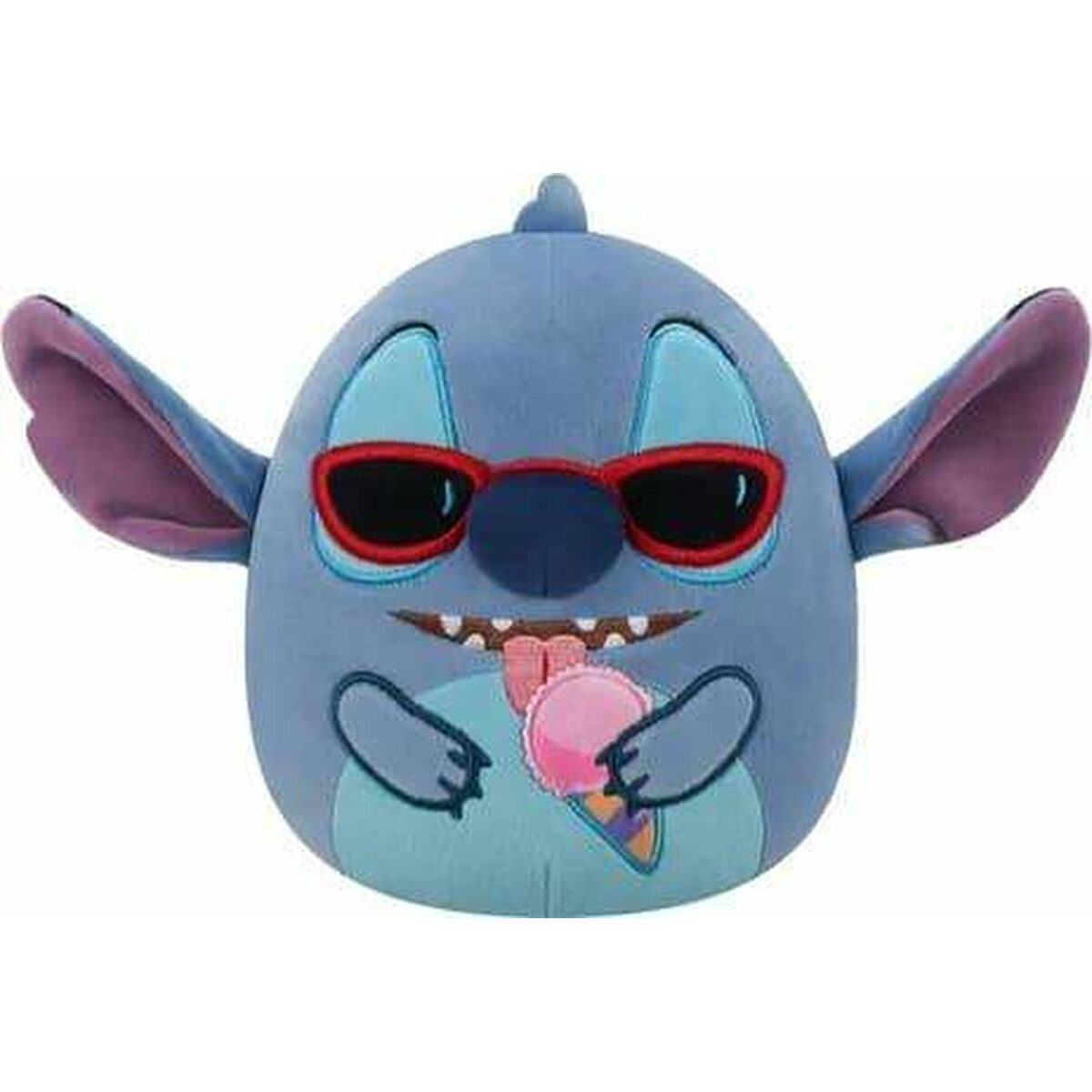 Ein blaues Stitch-Plüschtier mit Sonnenbrille und Eis. Es hat große Ohren, ein kleines Horn und lächelt mit herausgestreckter Zunge.
